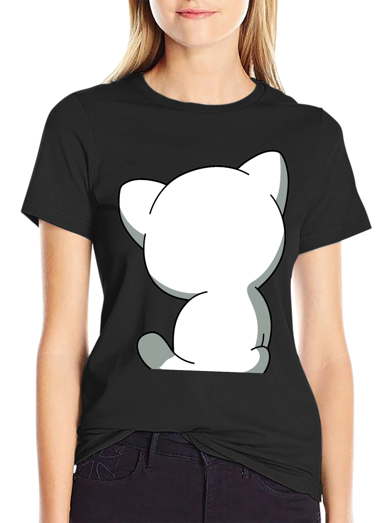 Black Cute Cartoon Cat Graphic Tee - Unisex Black T-Shirt view 2