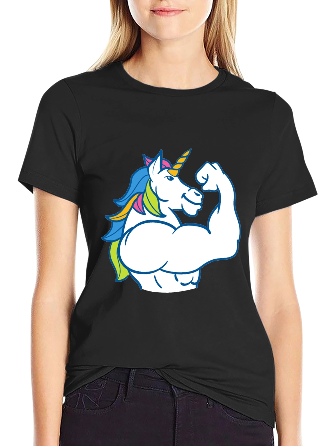 Black Muscle Unicorn Black T-Shirt - Fun Graphic Tee view 2
