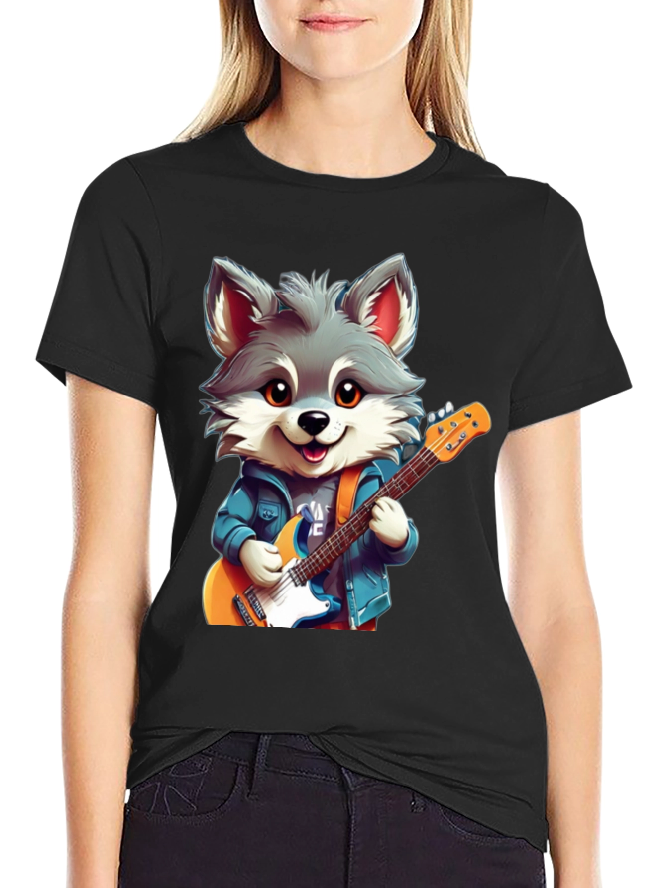 Black Cute Cartoon Wolf Guitarist Graphic Tee view 2
