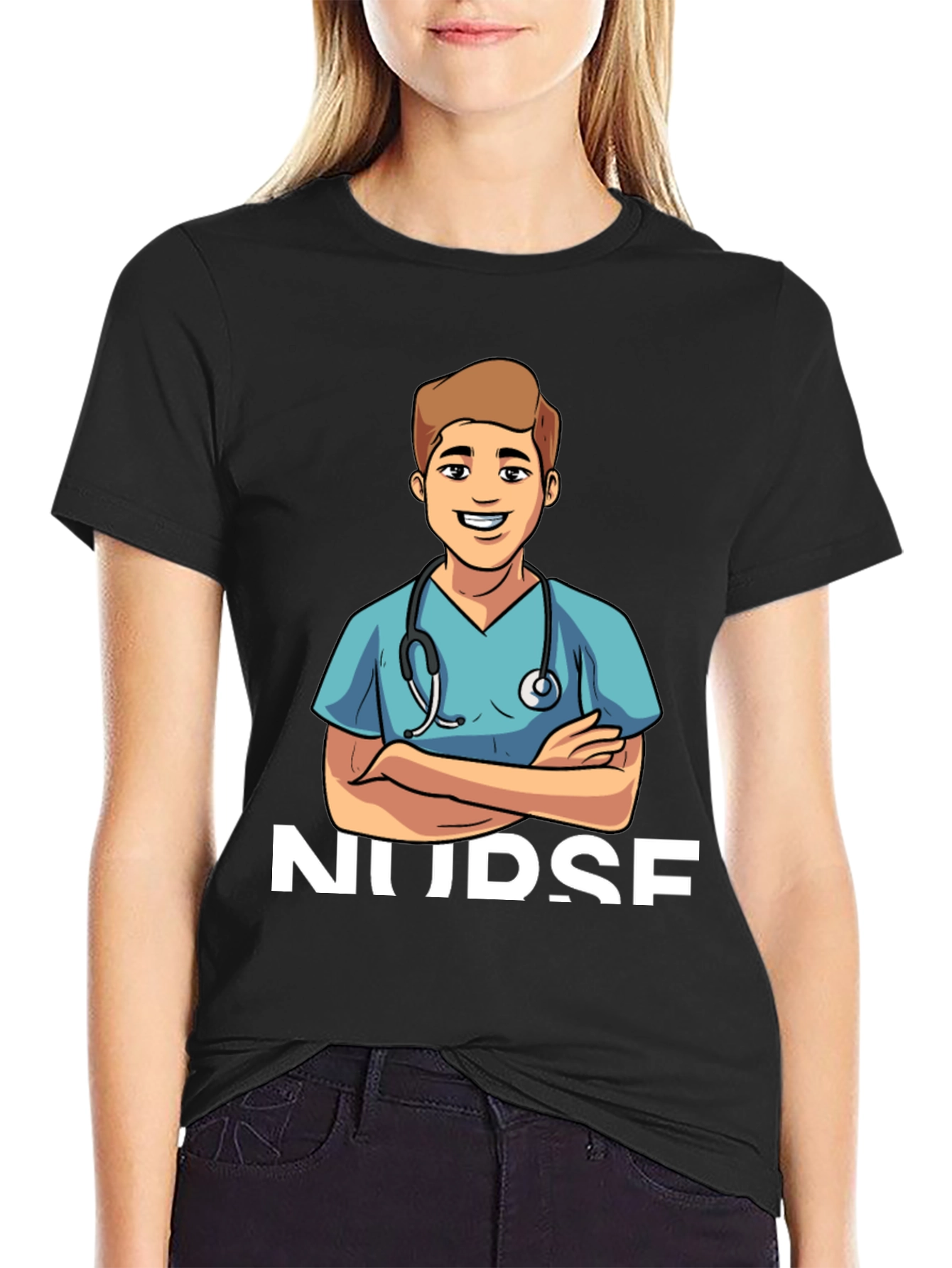 Black Cartoon Nurse T-Shirt - Black Cotton Blend view 2