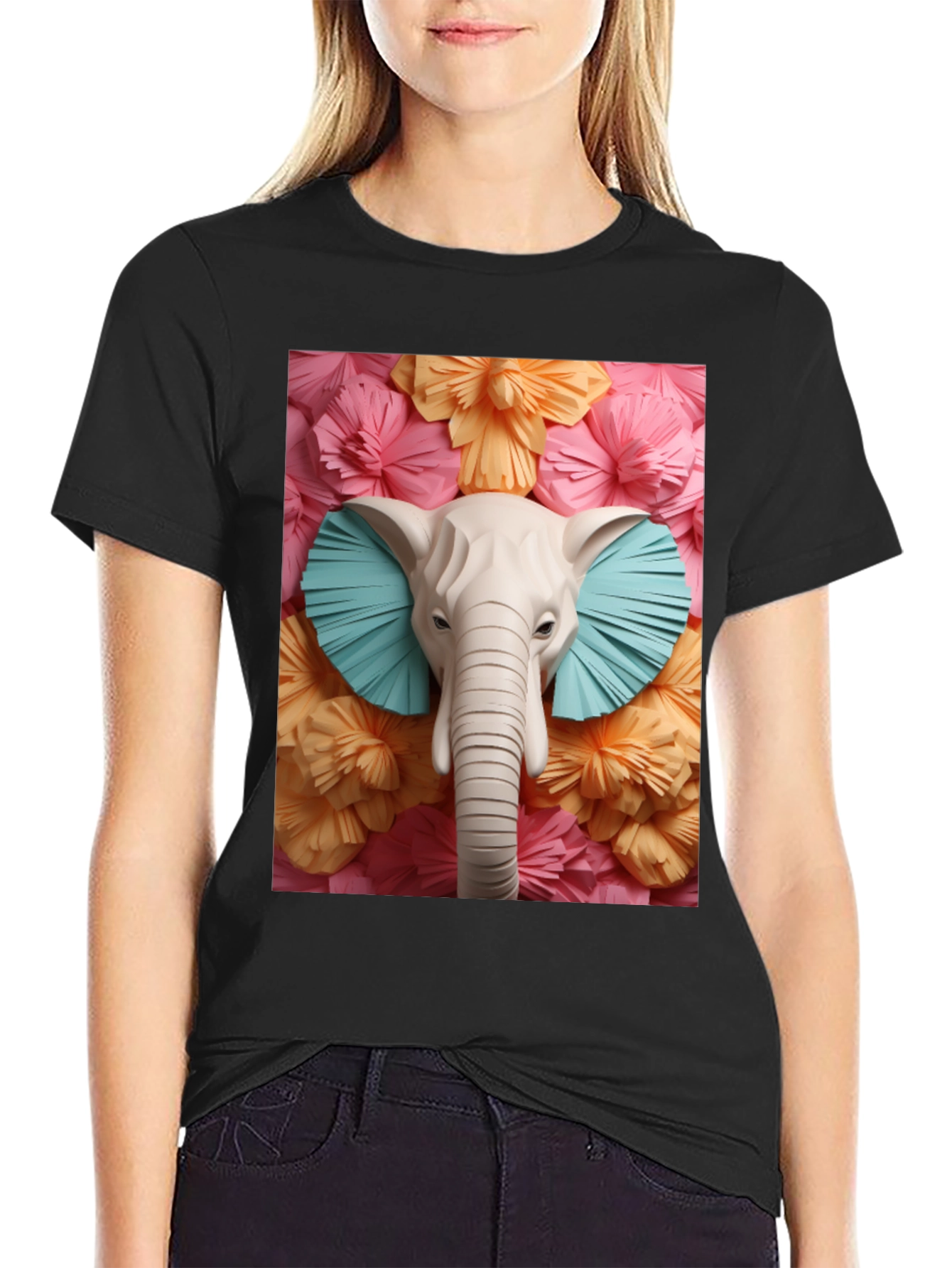 Black Elephant Floral Tee - Unique Graphic Print T-Shirt view 2