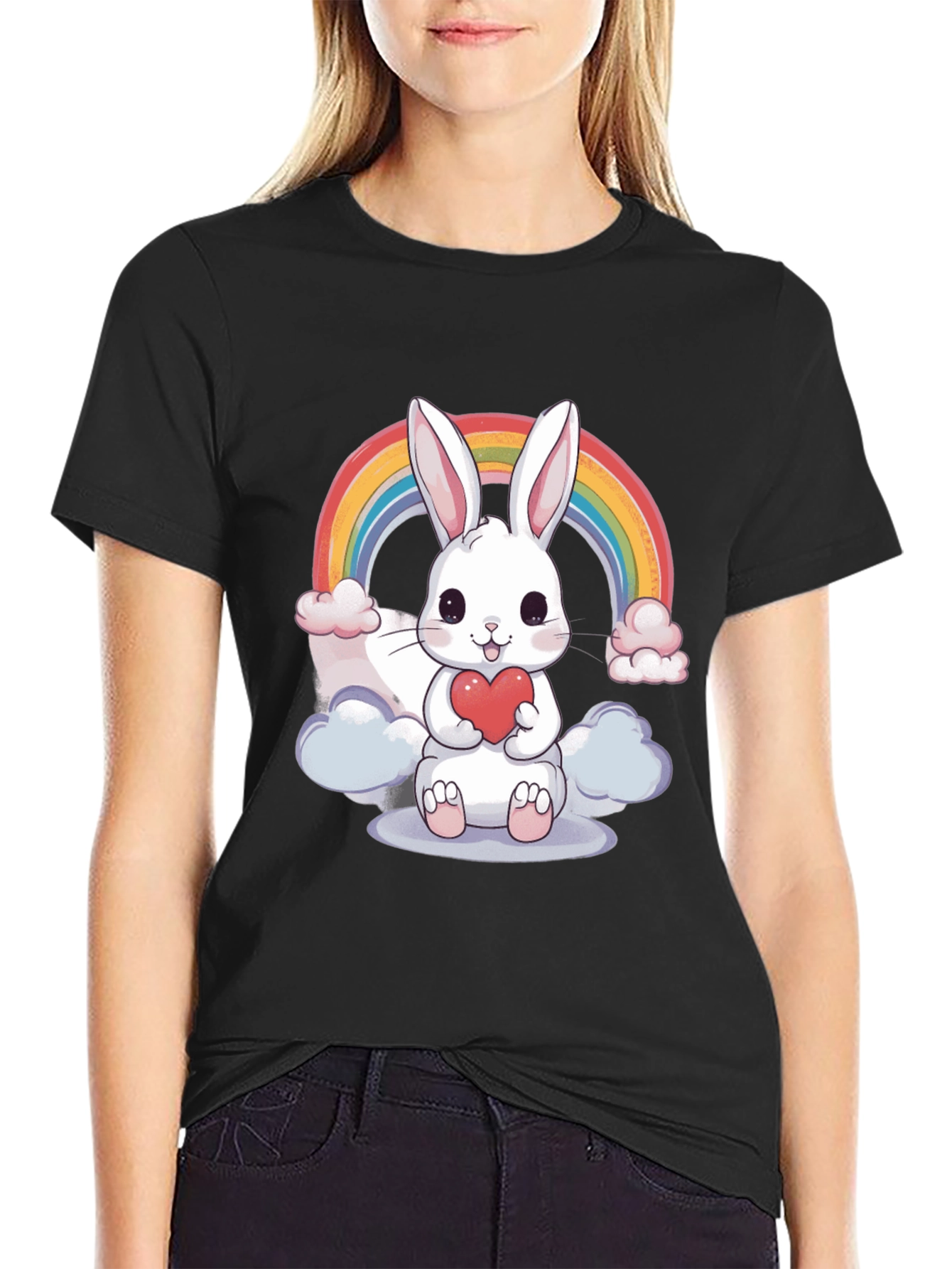 Black Cute Bunny Rainbow T-Shirt view 2