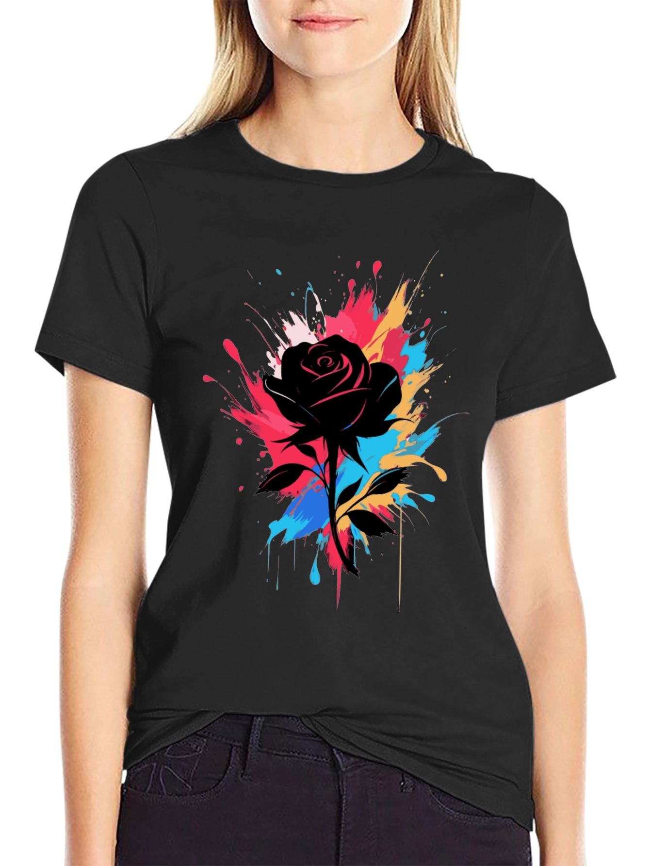 Black Black Rose Splash T-Shirt - Unique Artistic Design view 2