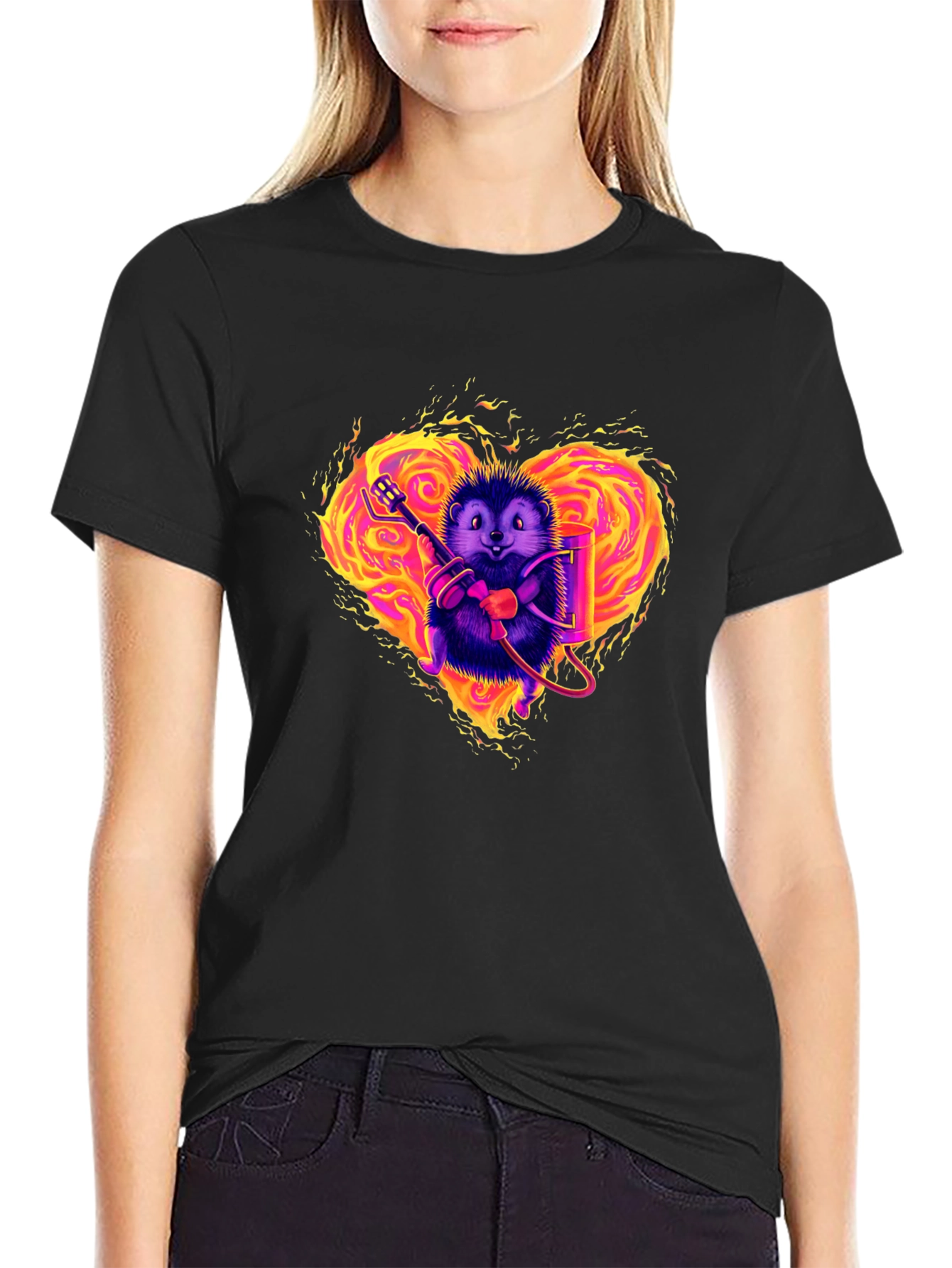 Black Flaming Heart Hedgehog Graphic Tee view 2
