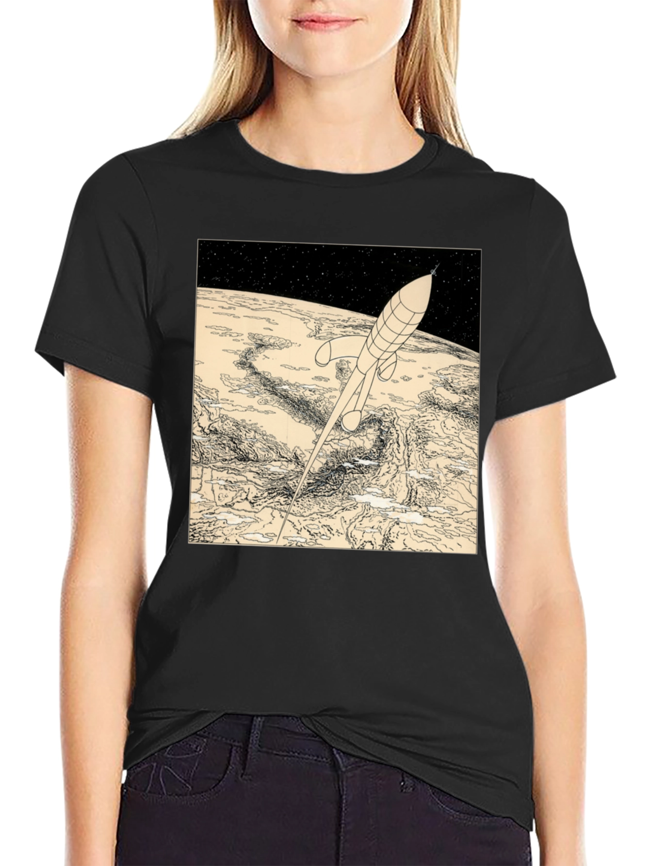 Black Retro Rocket T-Shirt - Vintage Space Design view 2