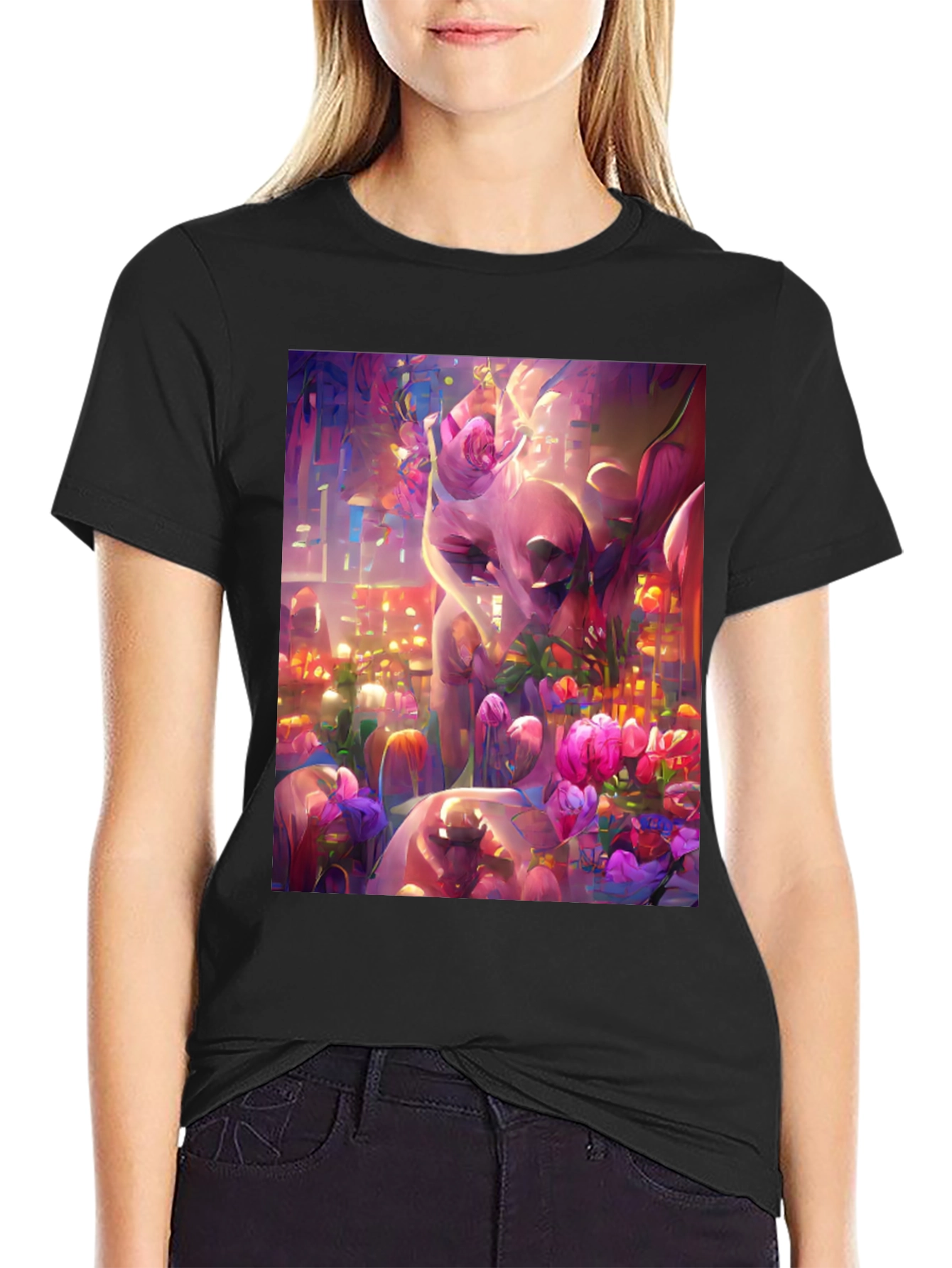 Black Floral Fantasy Graphic Tee - Black Cotton Comfort view 2