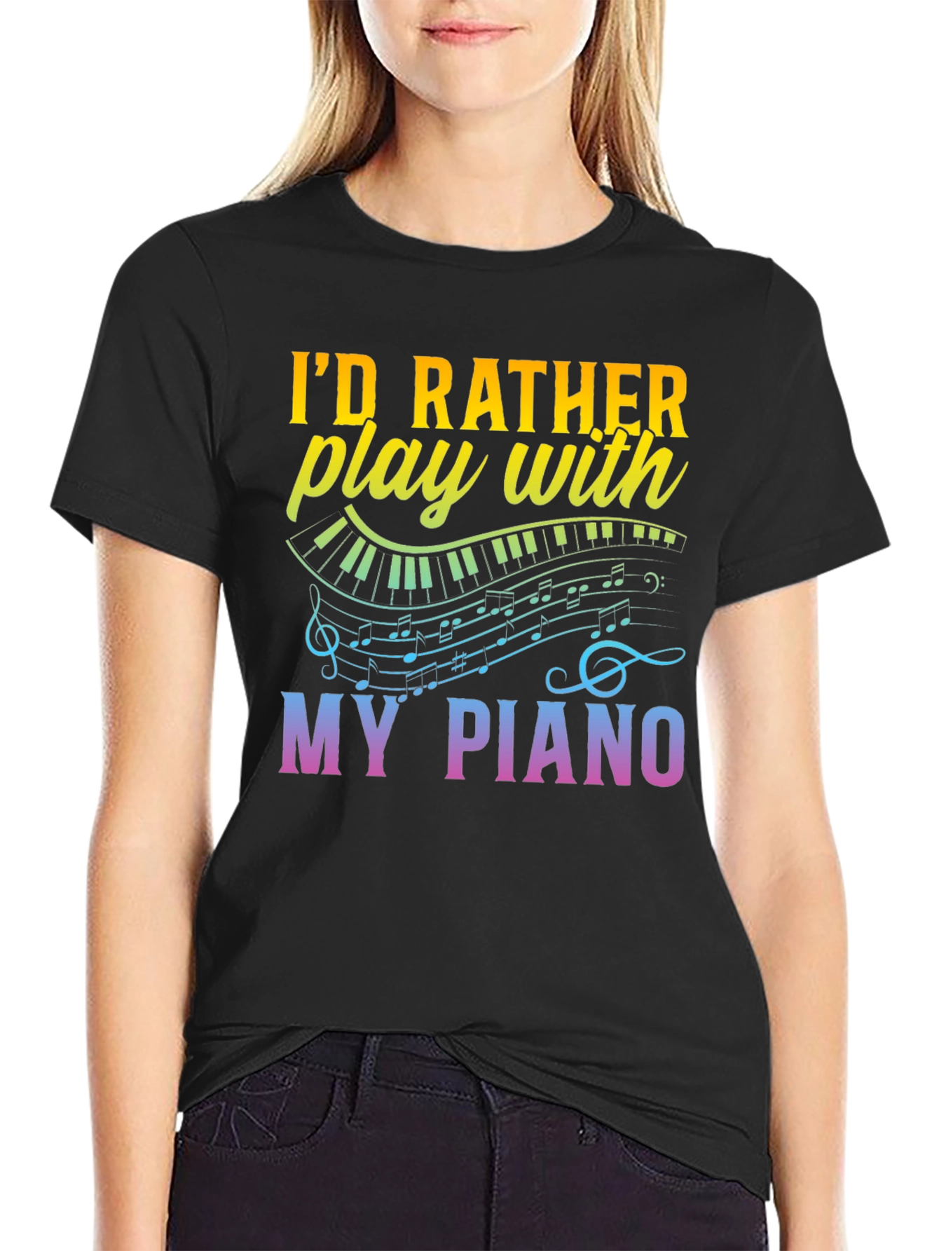 Black Piano Lover's T-Shirt - I'd Rather Play My Piano Tee view 2