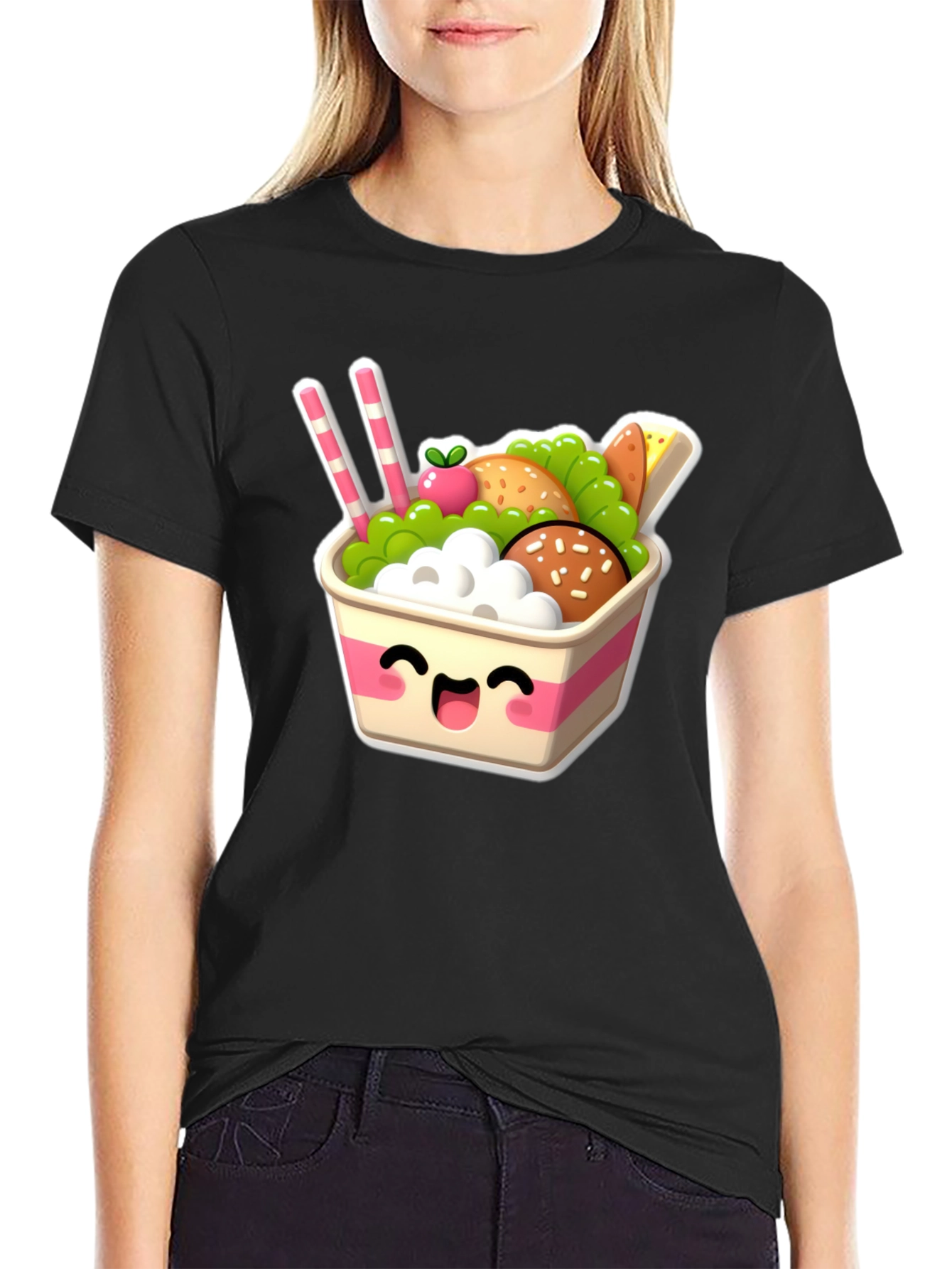 Black Kawaii Food Bowl Graphic Tee - Cute Comfort Style view 2