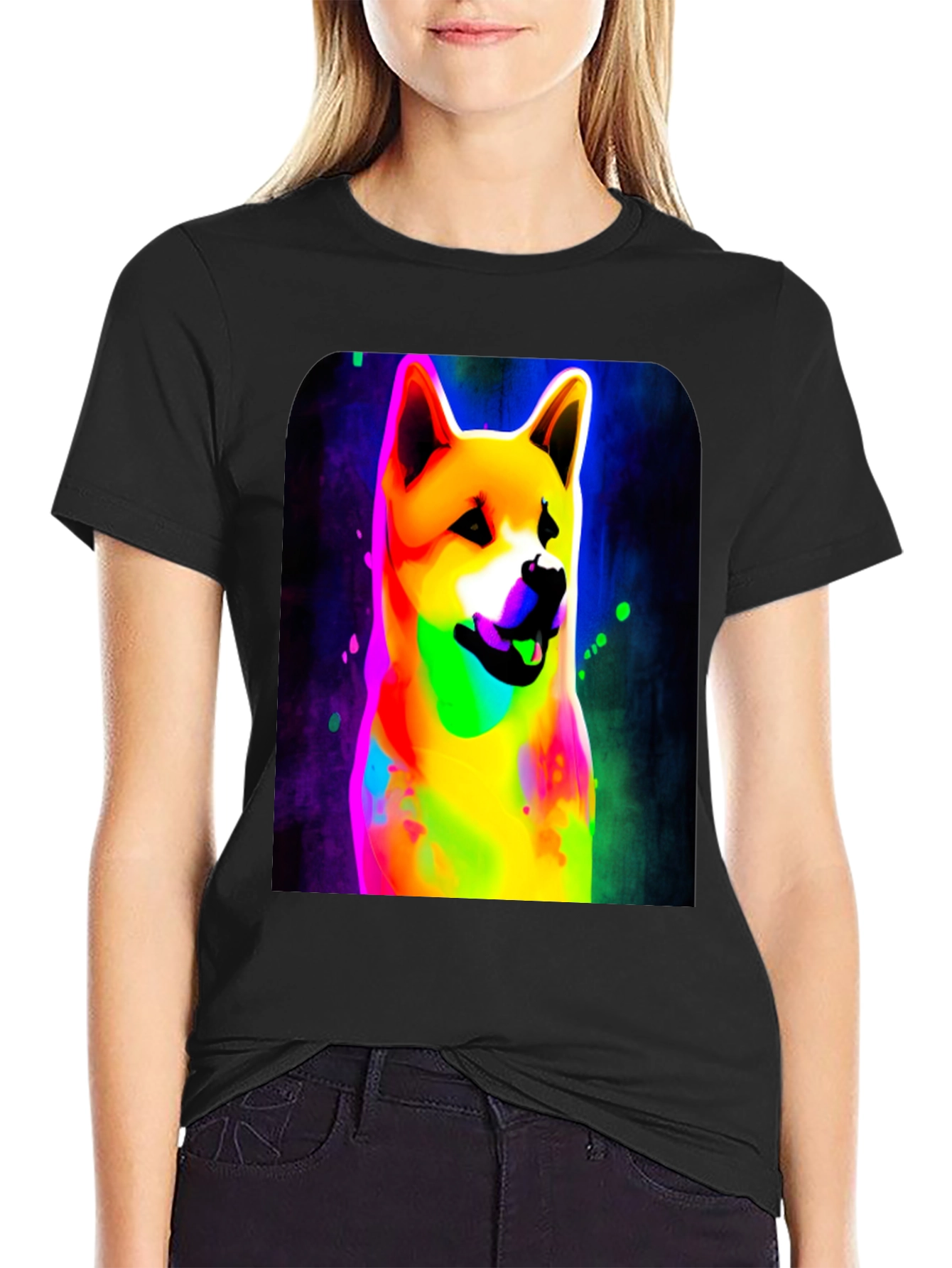 Black Colorful Shiba Inu Dog Graphic Tee - Black Cotton Blend view 2