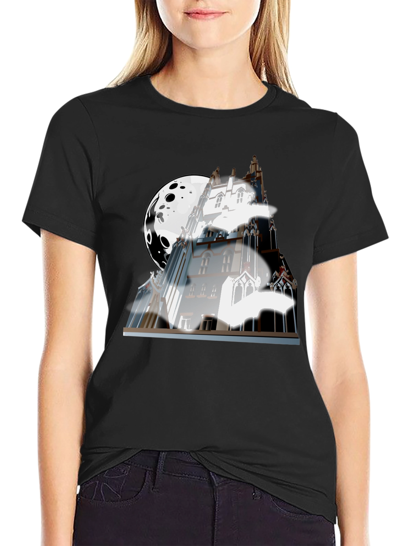 Black Spooky Castle Moon Graphic T-Shirt - Black view 2