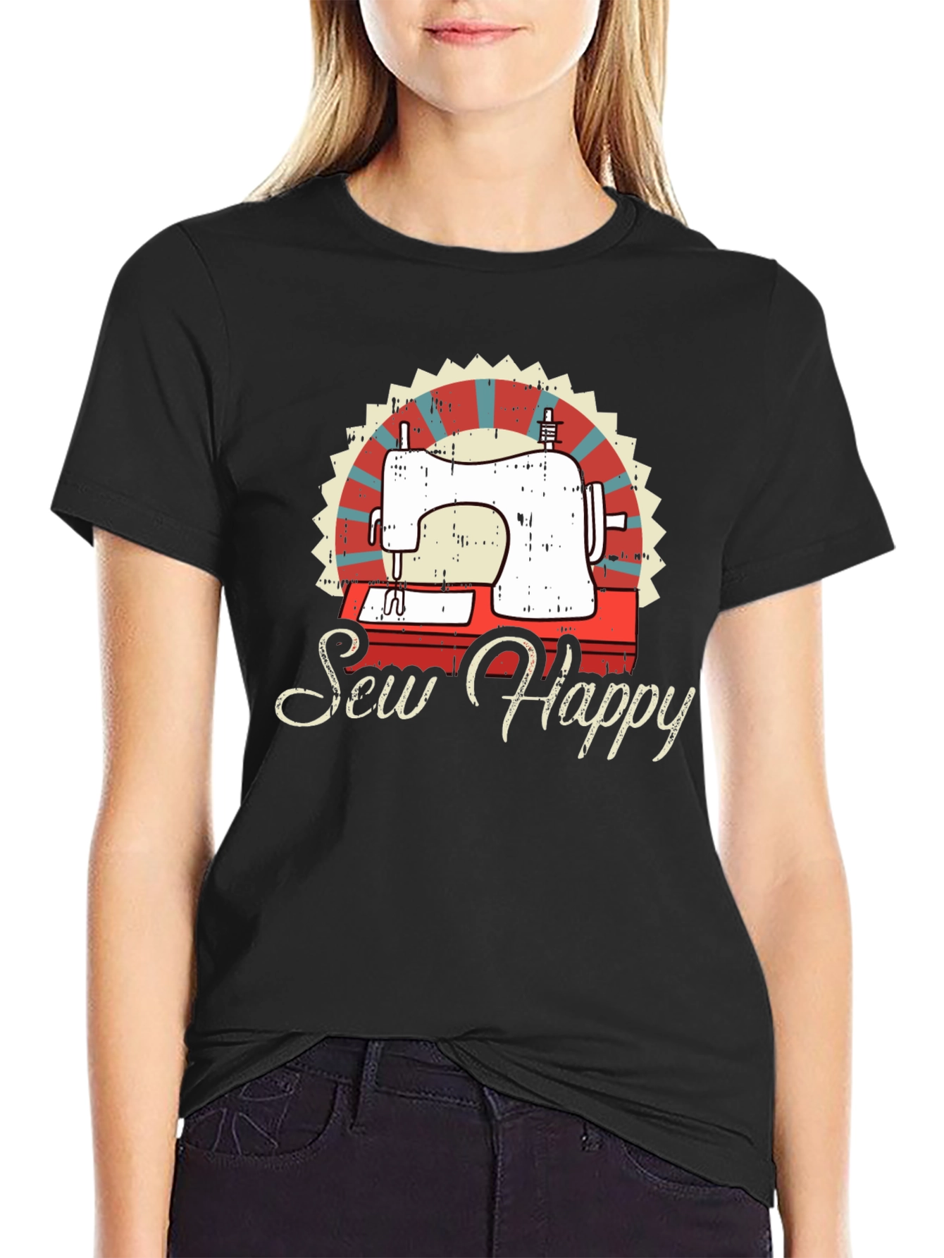 Black Sew Happy Sewing Machine Graphic Tee view 2