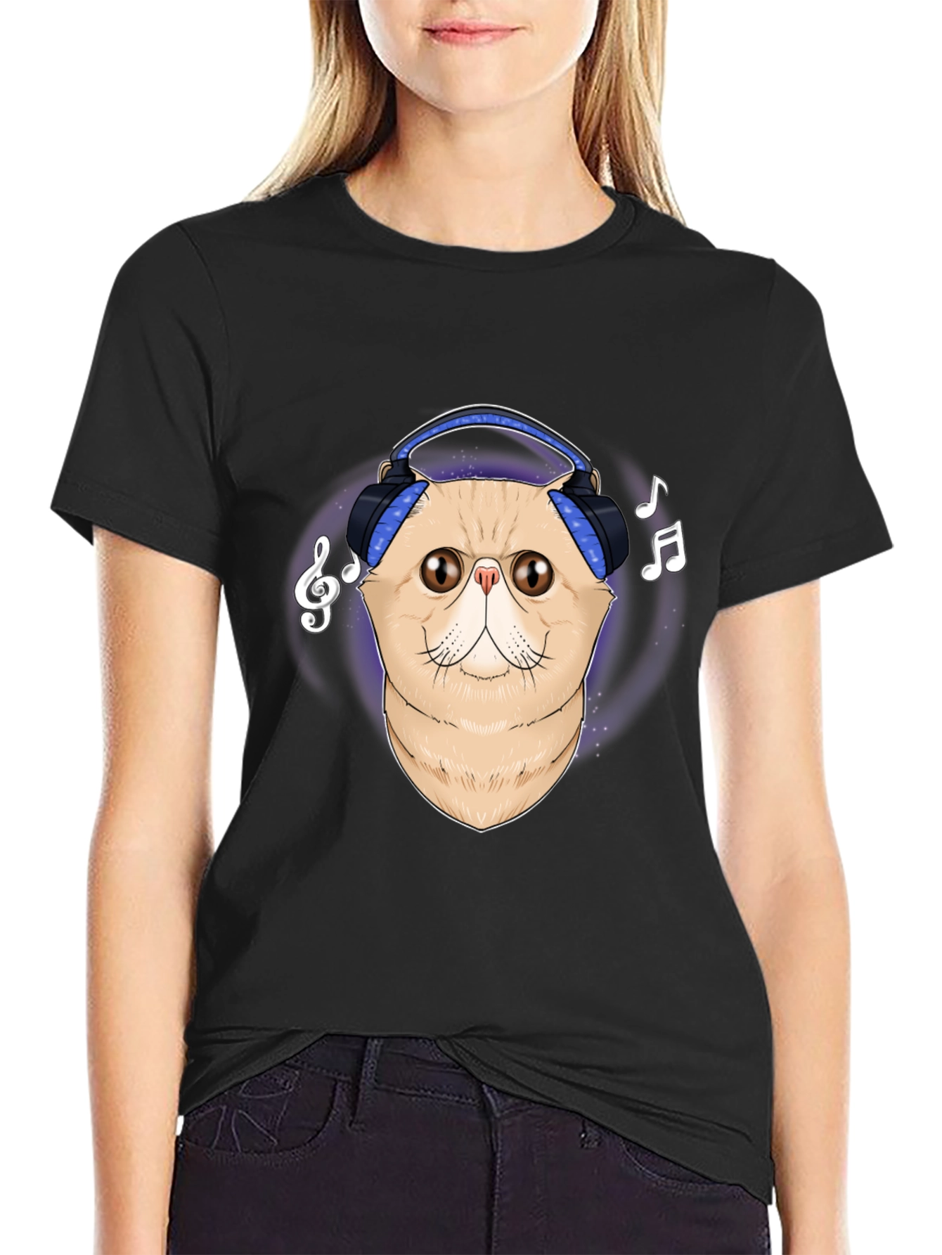 Black Cool Cat Headphones Graphic T-Shirt view 2