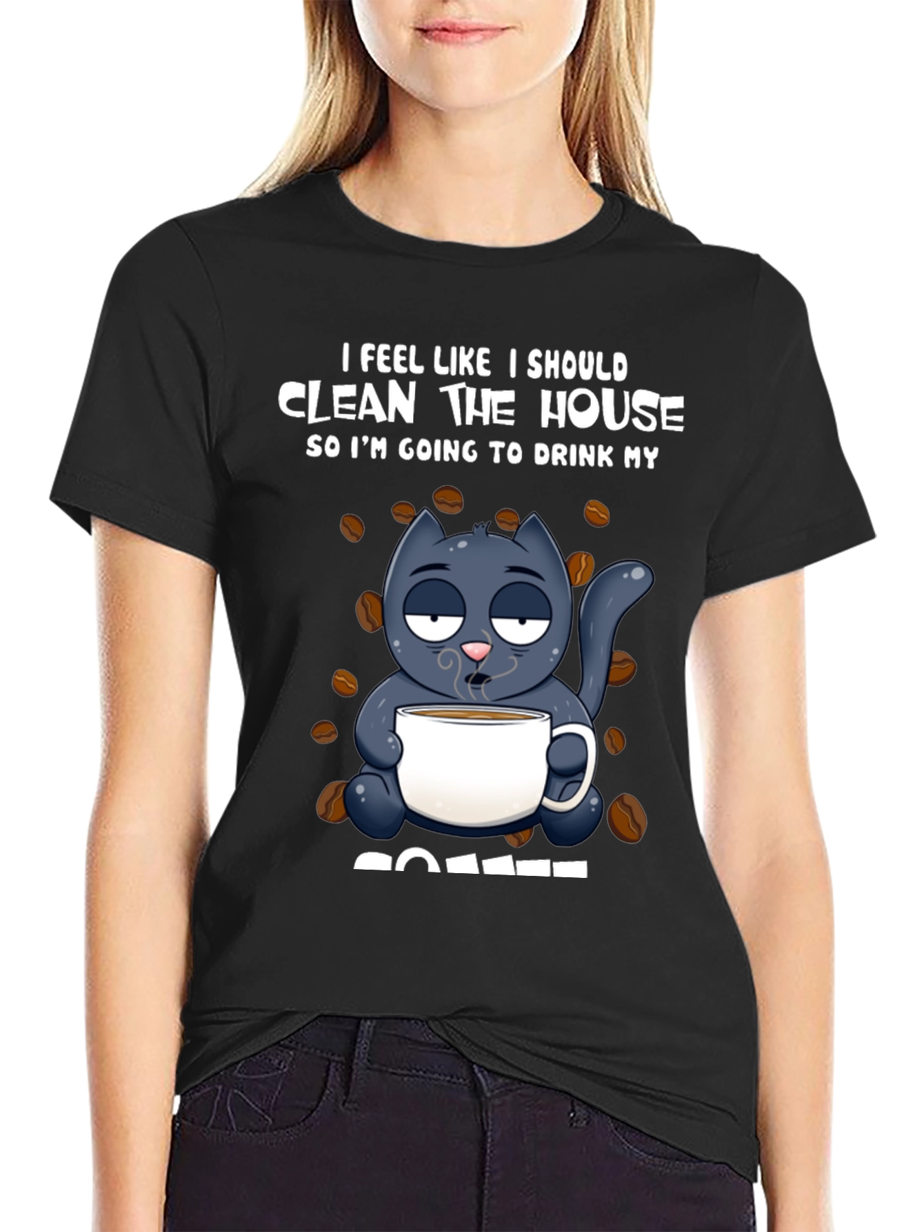 Black Humorous Cat & Coffee Graphic T-Shirt view 2