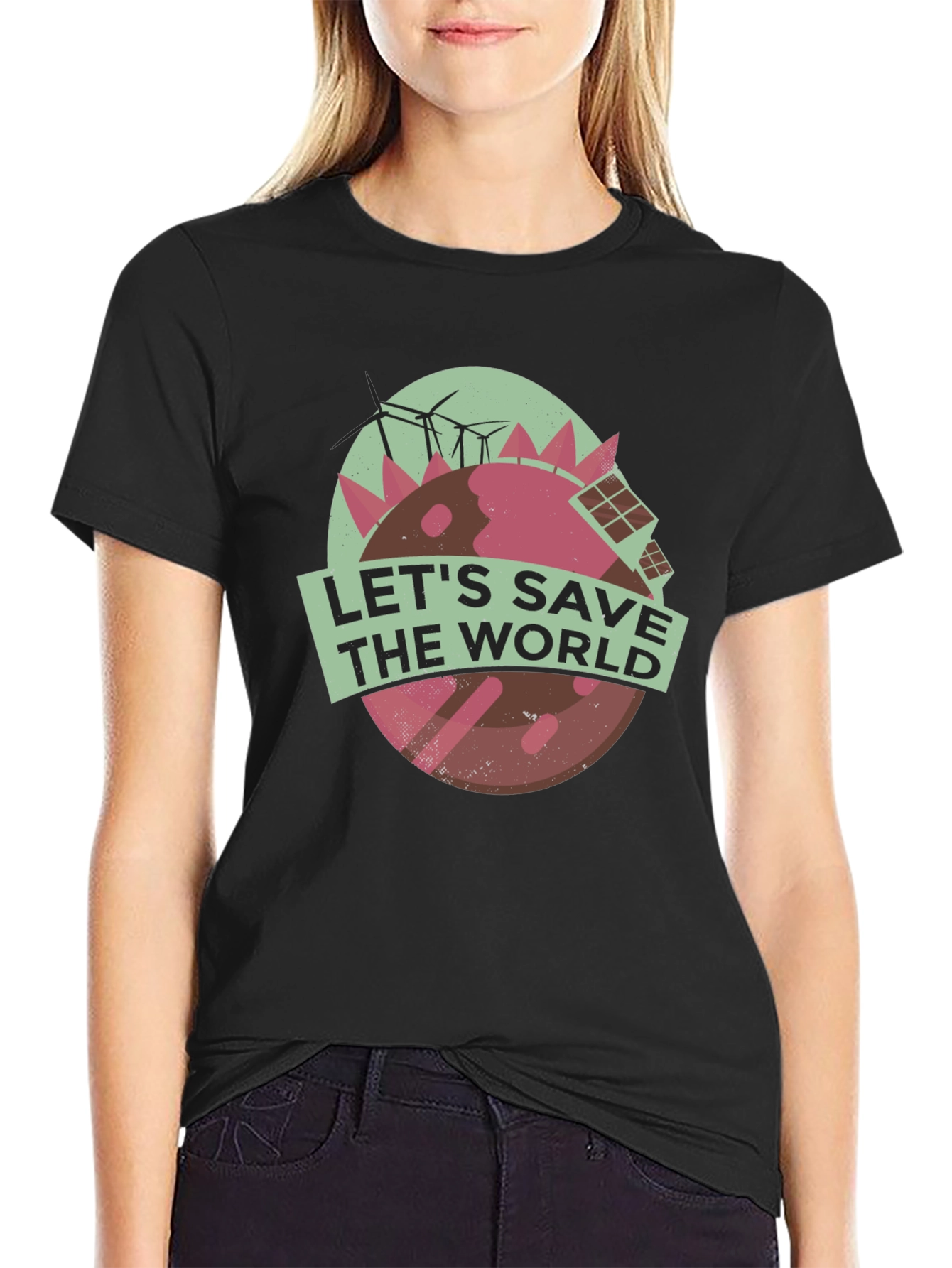 Black Eco-Friendly Earth Tee: Let's Save The World T-Shirt view 2