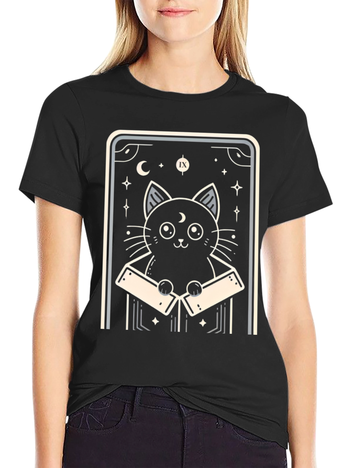 Black Mystic Cat Tarot Card T-Shirt view 2