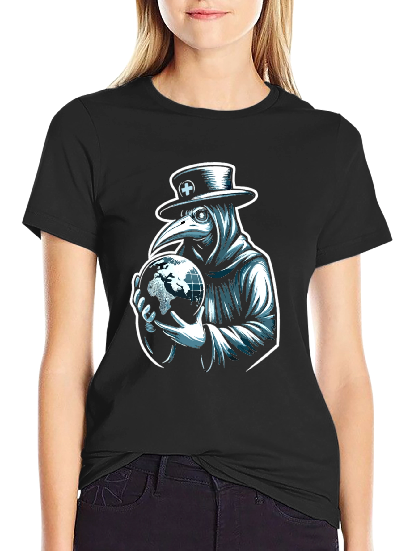 Black Plague Doctor Globe Graphic Tee - Unique Design view 2