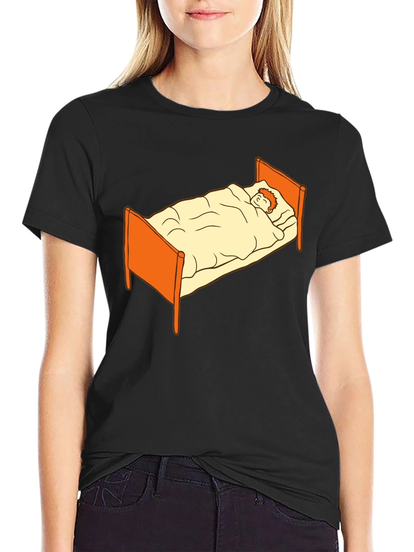 Black Sleepy Cartoon Man in Bed Graphic Tee - Black view 2