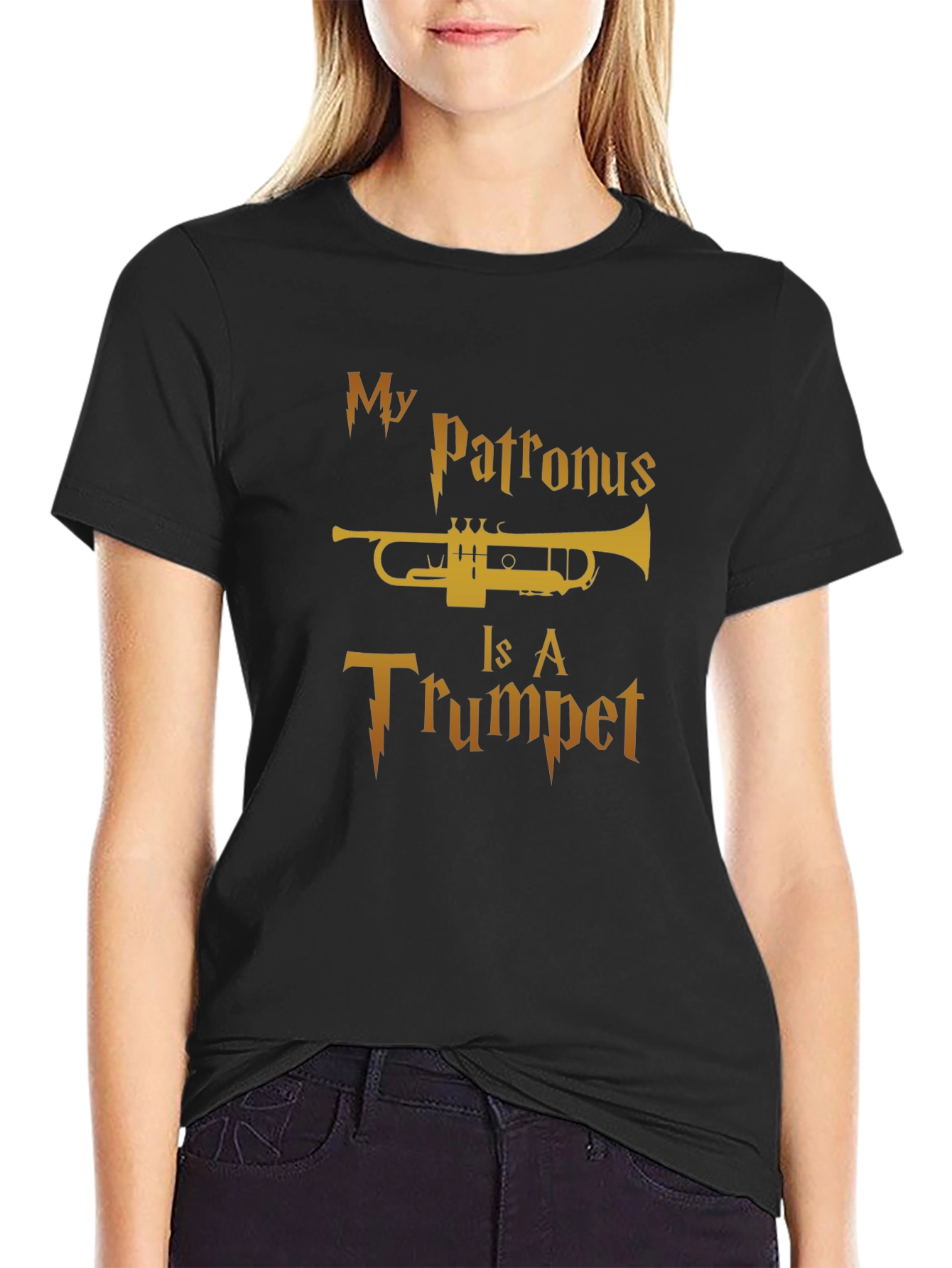 Black My Patronus is a Trumpet T-Shirt view 2