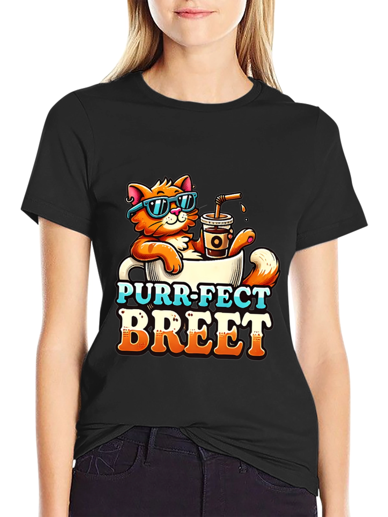 Black Purr-Fect Brew T-Shirt: Cat Coffee Lover Tee view 2