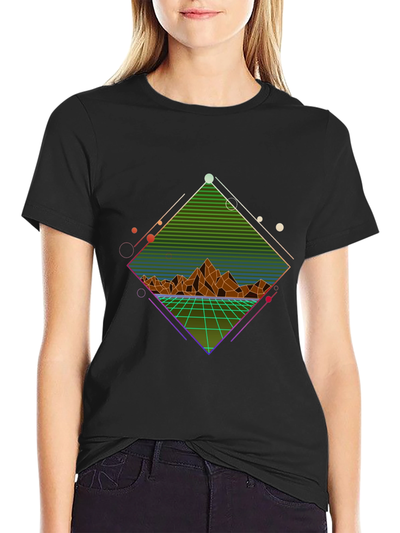 Black Retro Geometric Mountain T-Shirt view 2