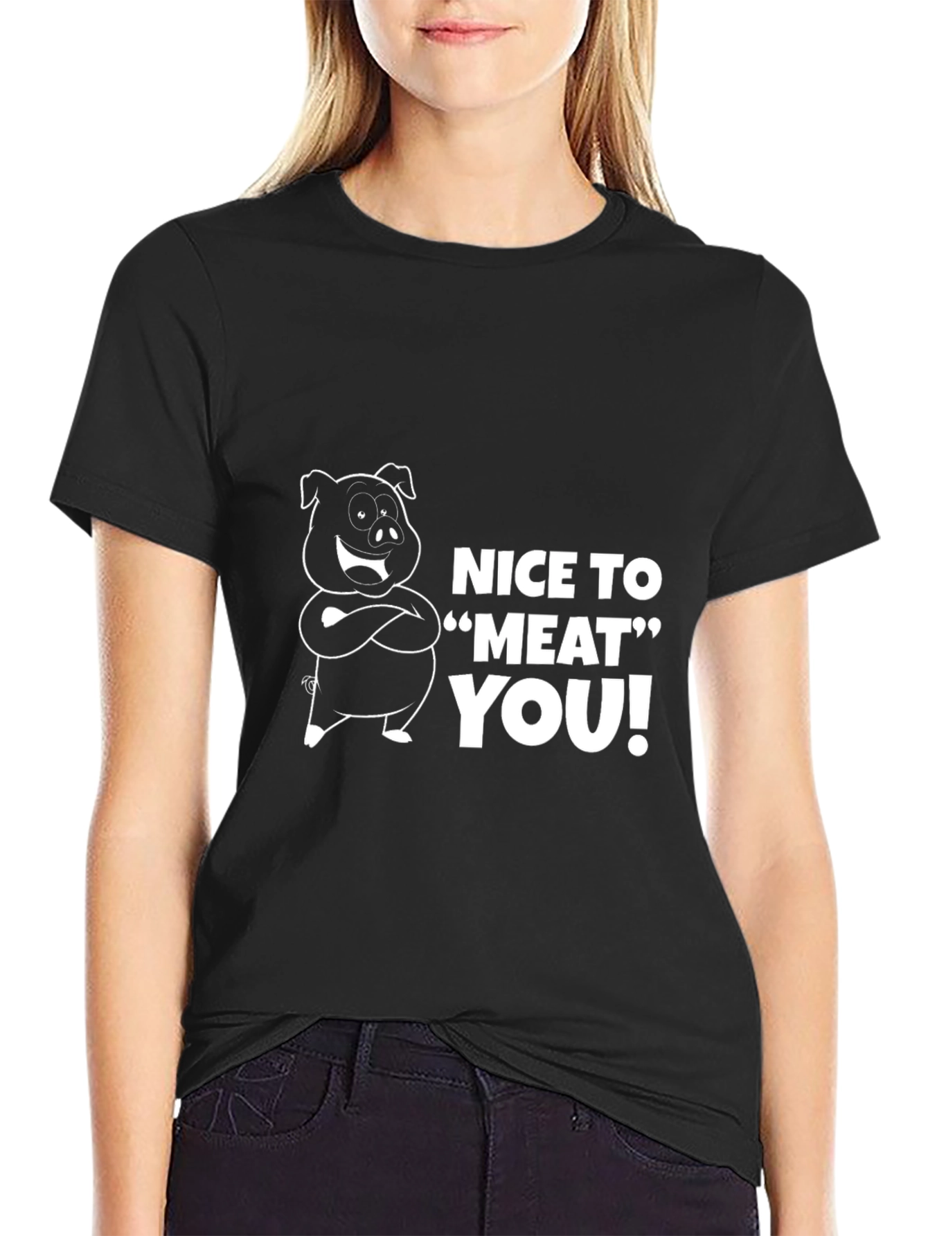 Black Nice to Meat You Pig Graphic Black T-Shirt view 2