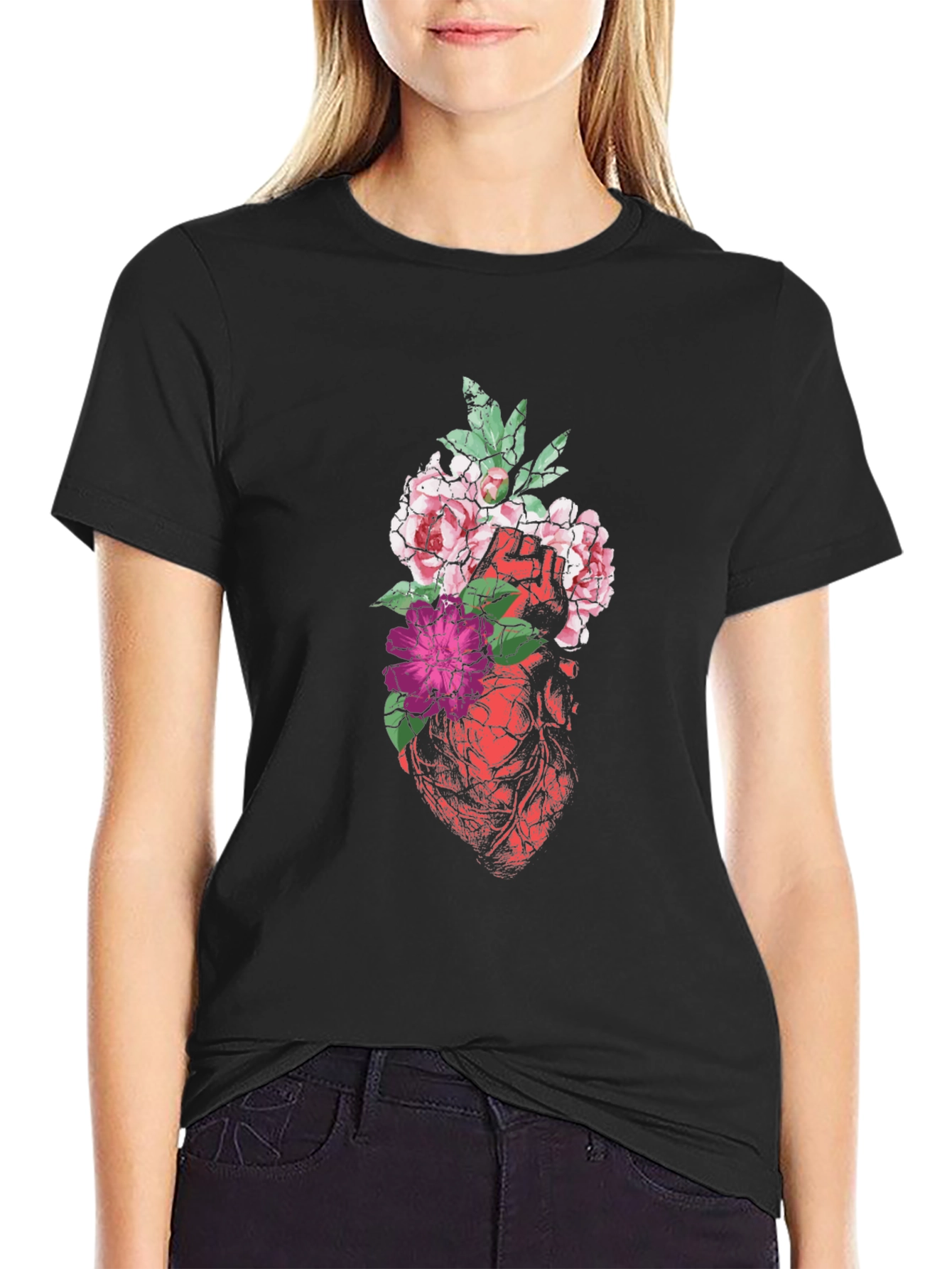 Black Floral Heart Graphic Tee - Black view 2