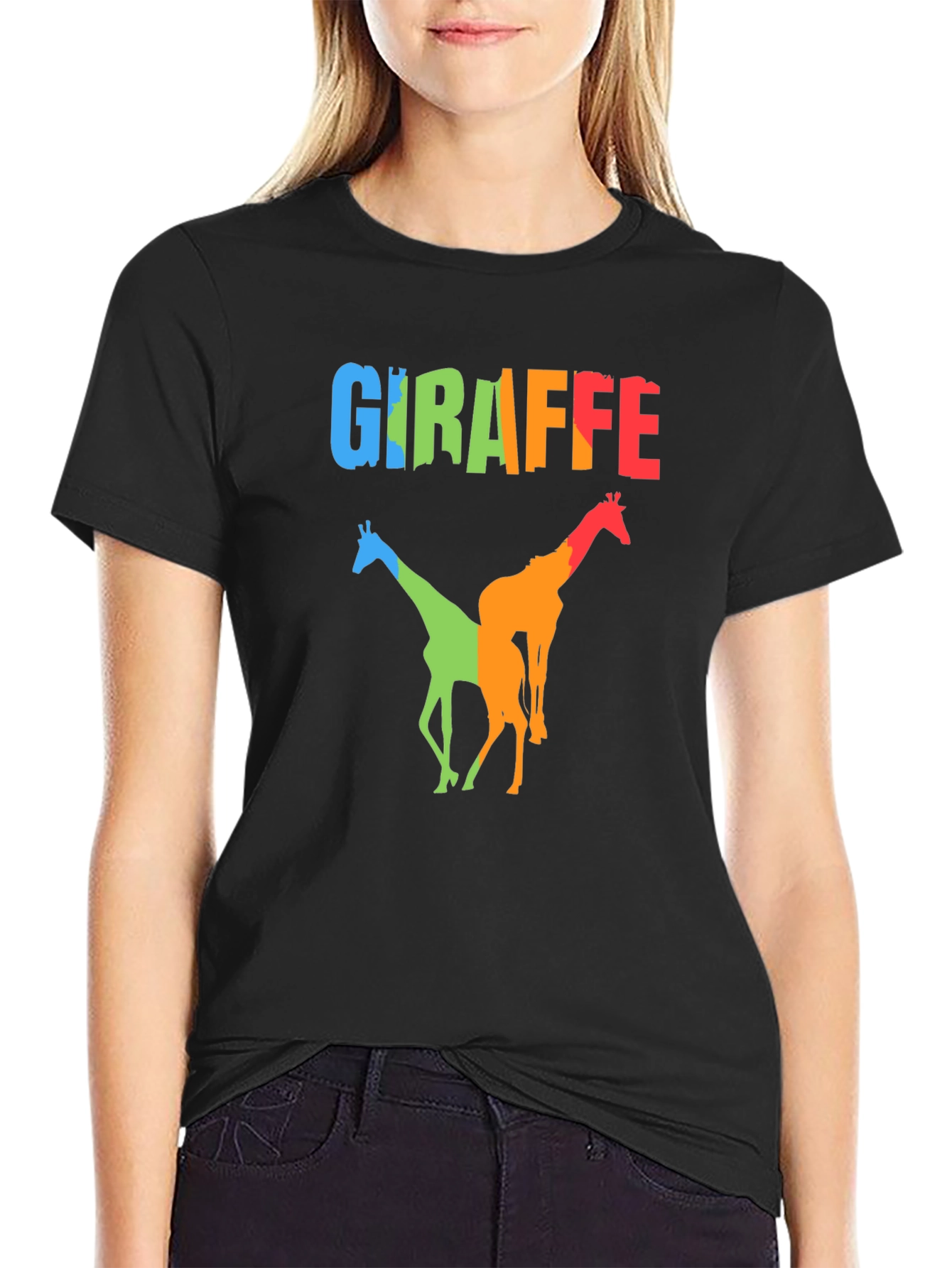 Black Colorful Giraffe Graphic Print Black T-Shirt view 2