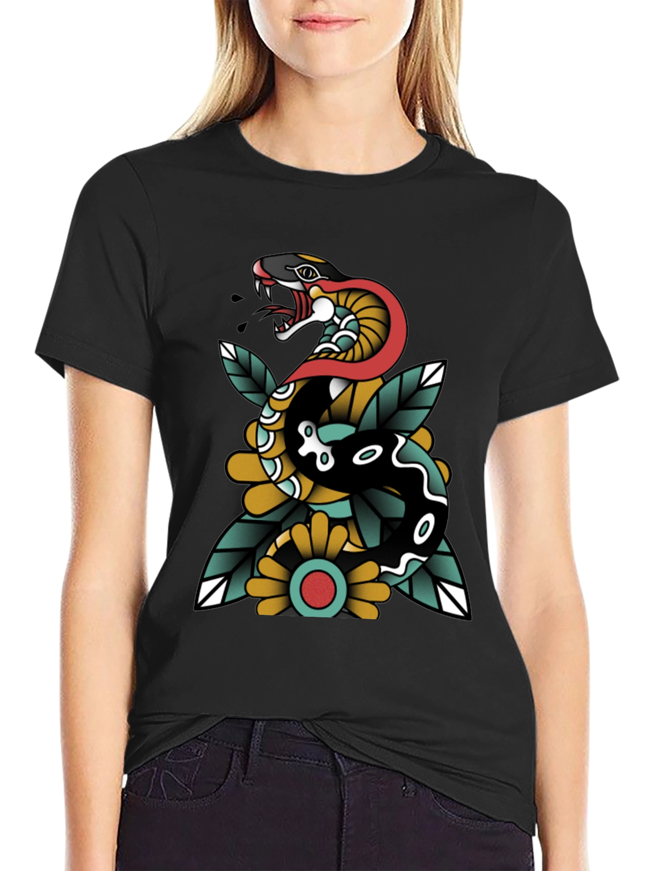 Black Snake & Flower Graphic Tee - Traditional Tattoo Style view 2