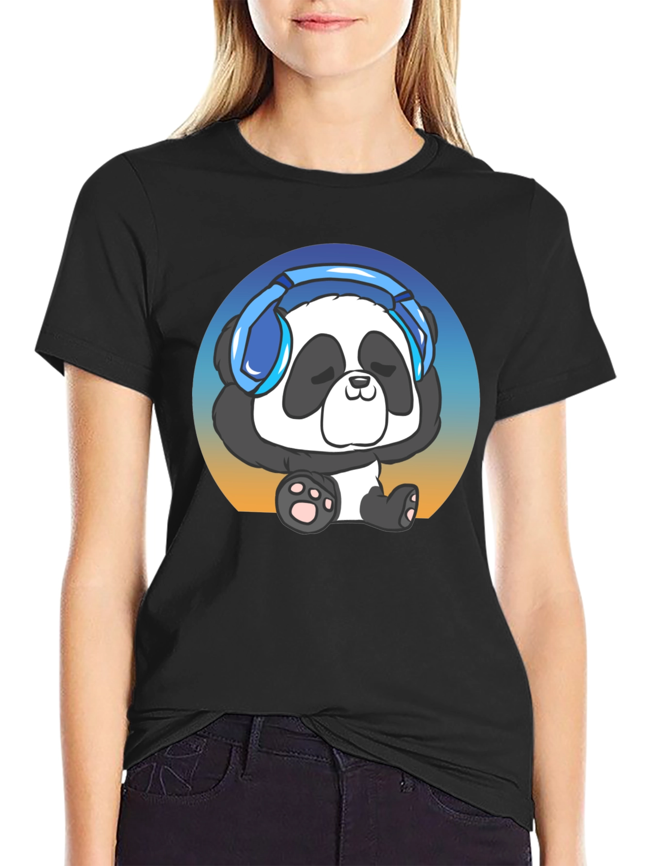 Black Cool Panda Headphone Graphic T-Shirt view 2