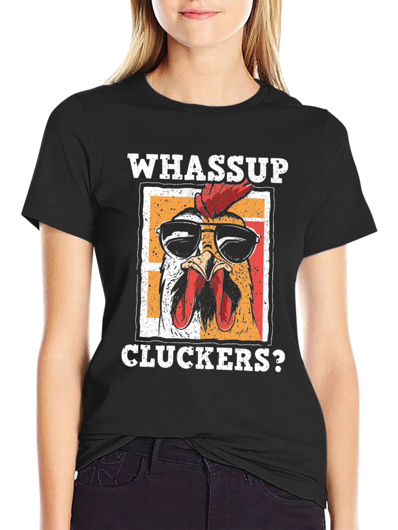 Black Whassup Cluckers? T-Shirt - Cool Chicken Design view 2