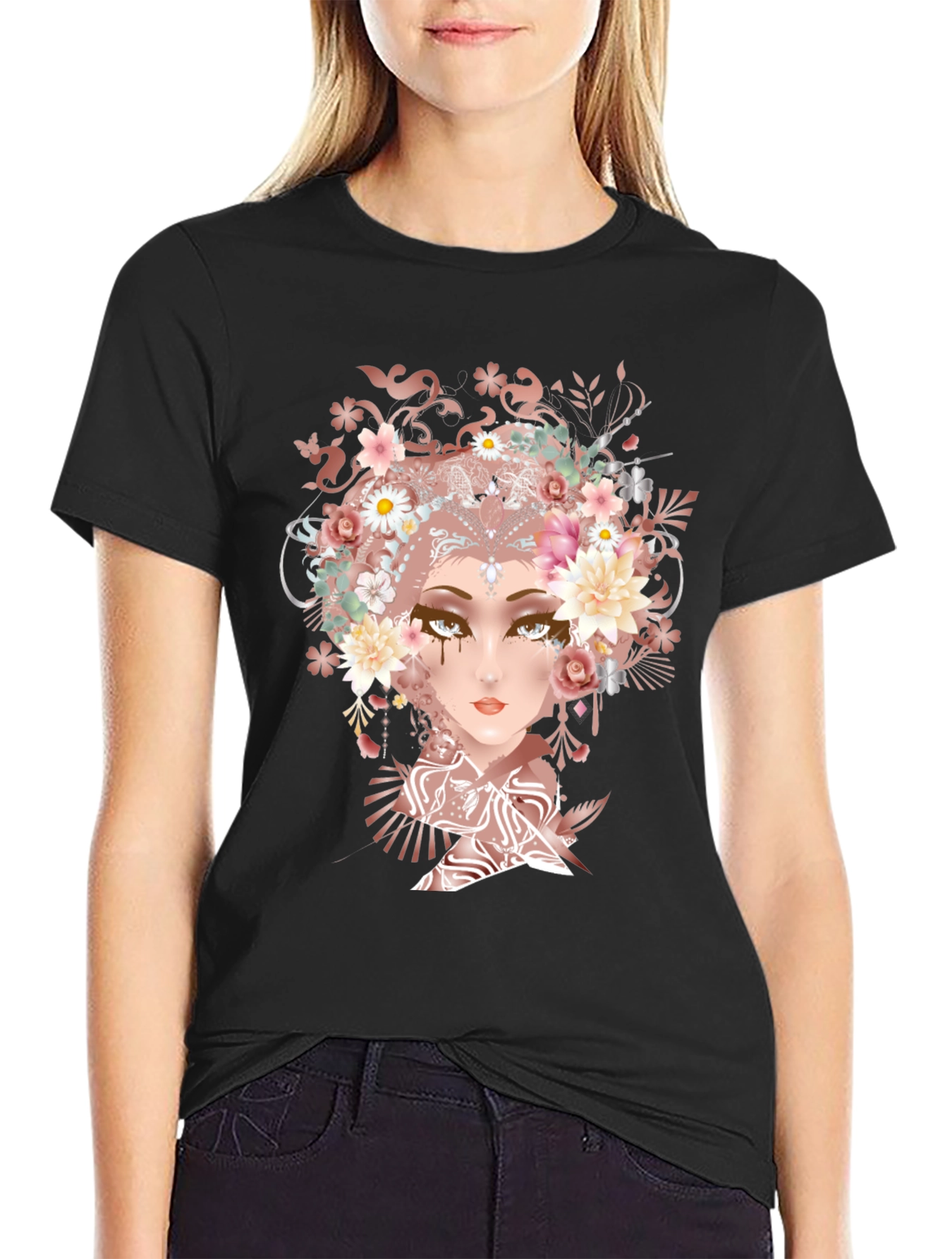 Black Floral Goddess Graphic Tee - Black Cotton T-Shirt view 2