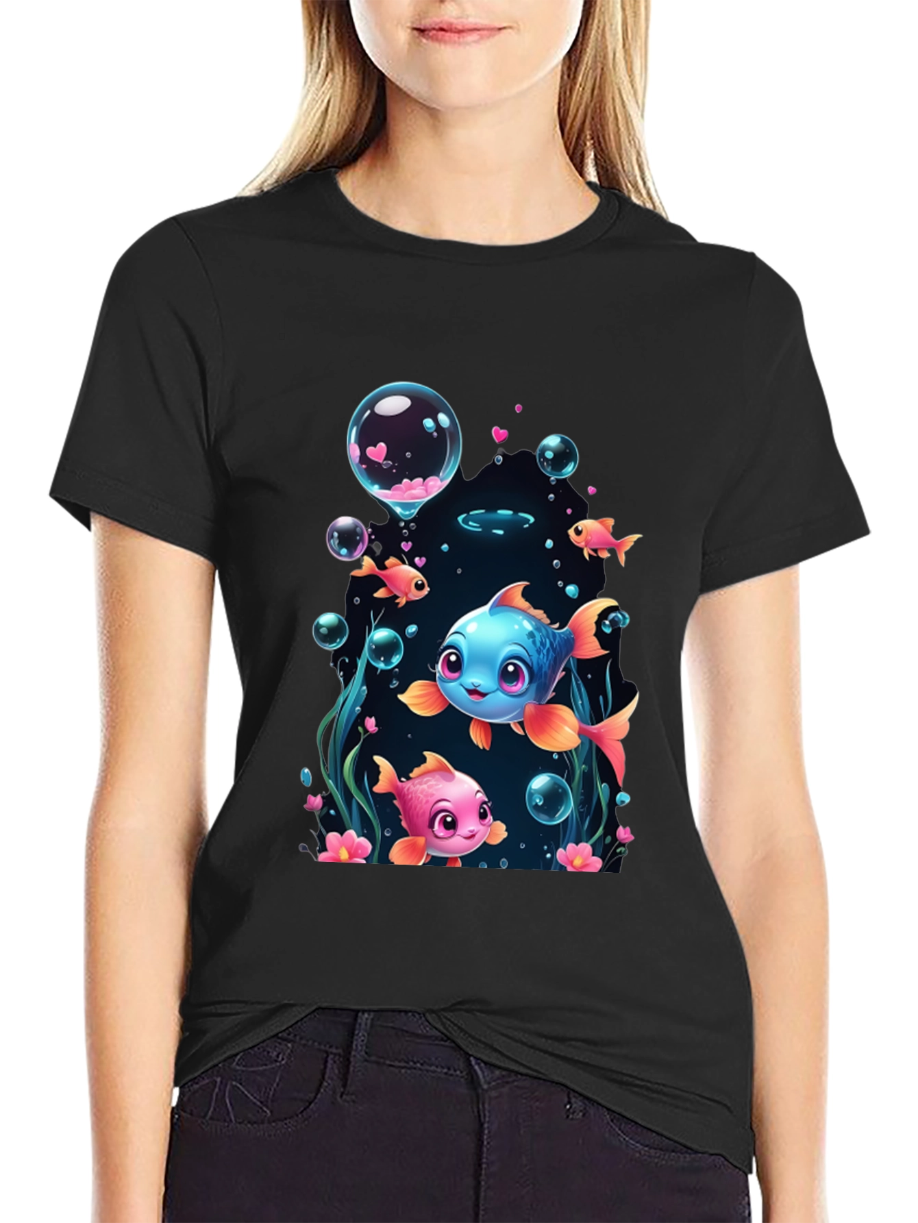 Black Cute Fish Graphic T-Shirt - Fun Undersea Design view 2