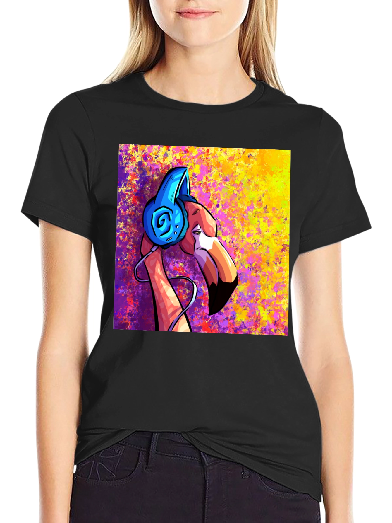 Black Cool Flamingo DJ Graphic T-Shirt view 2