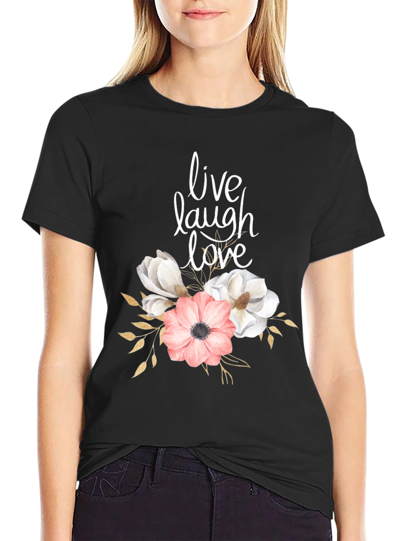 Black Live Laugh Love Floral Graphic T-Shirt view 2