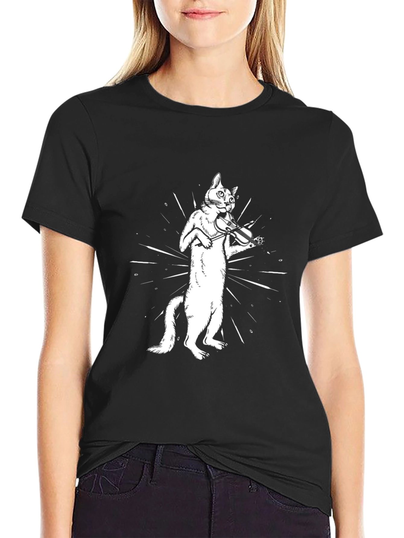 Black Cat Violinist Black T-Shirt - Musical Feline Fun! view 2