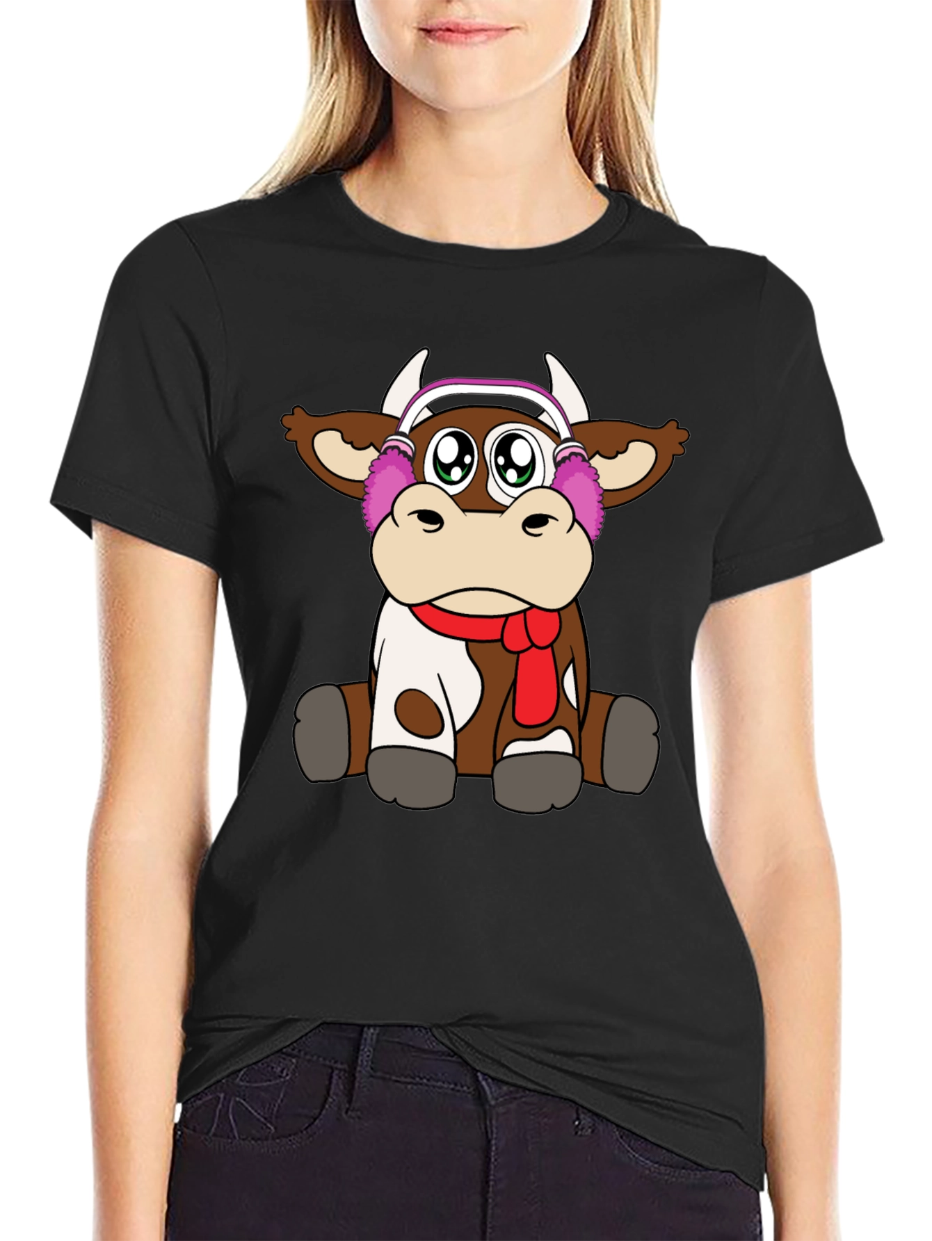 Black Cute Cartoon Cow Graphic Tee view 2