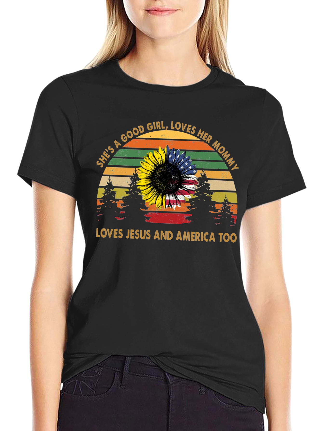 Black She's a Good Girl Tee: Sunflower & US Flag Design view 2