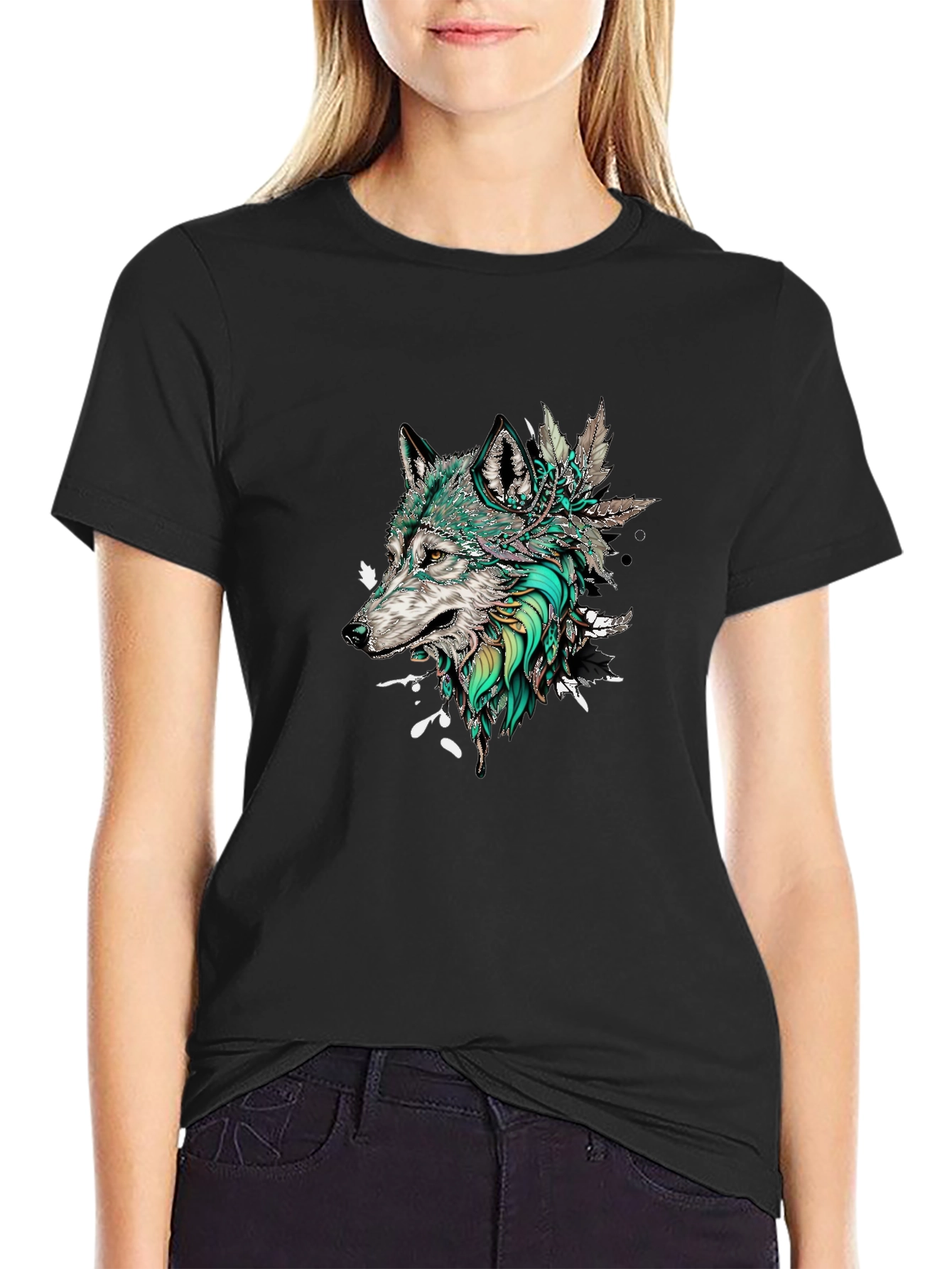 Black Wolf Graphic Print Men's Black T-Shirt view 2