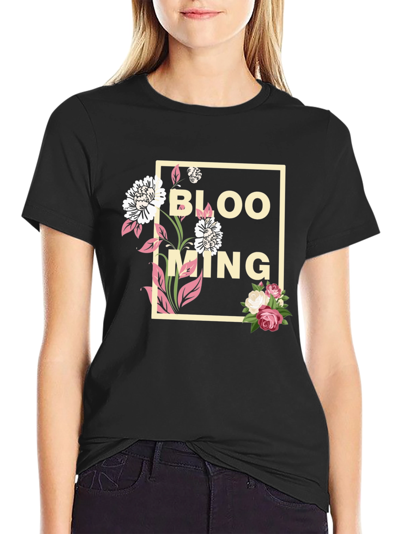 Black Blooming Graphic Tee - Trendy Floral Design view 2