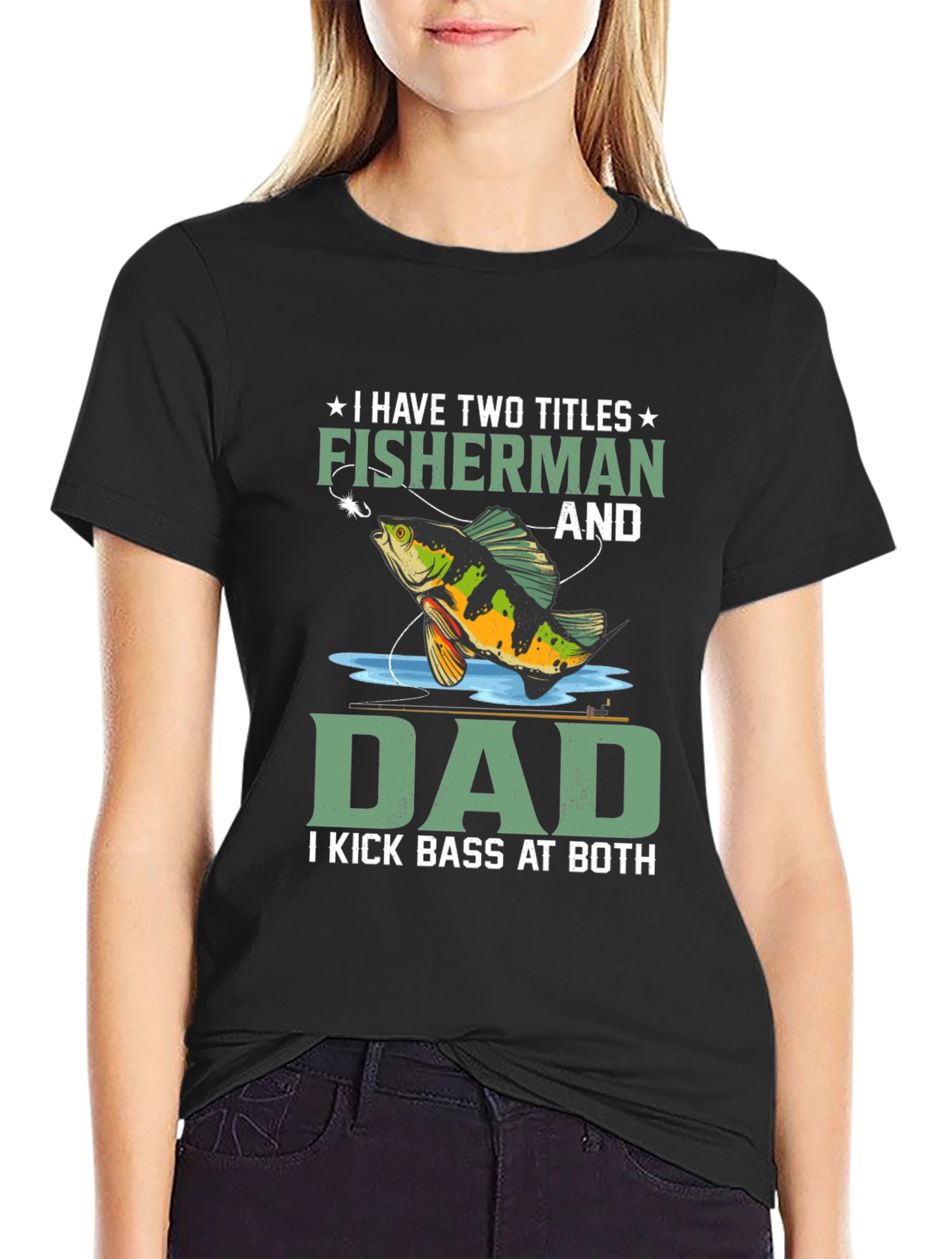 Black Fisherman Dad T-Shirt: I Kick Bass At Both view 2