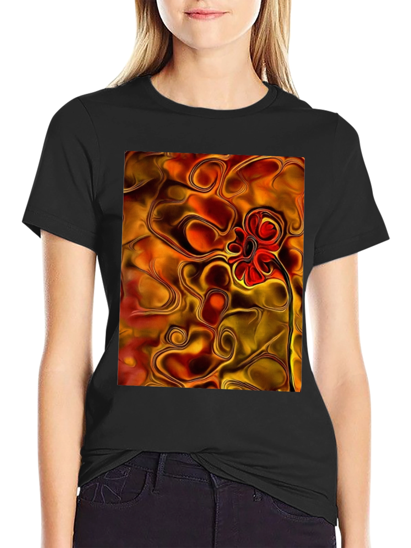 Black Abstract Flower Graphic Black T-Shirt view 2