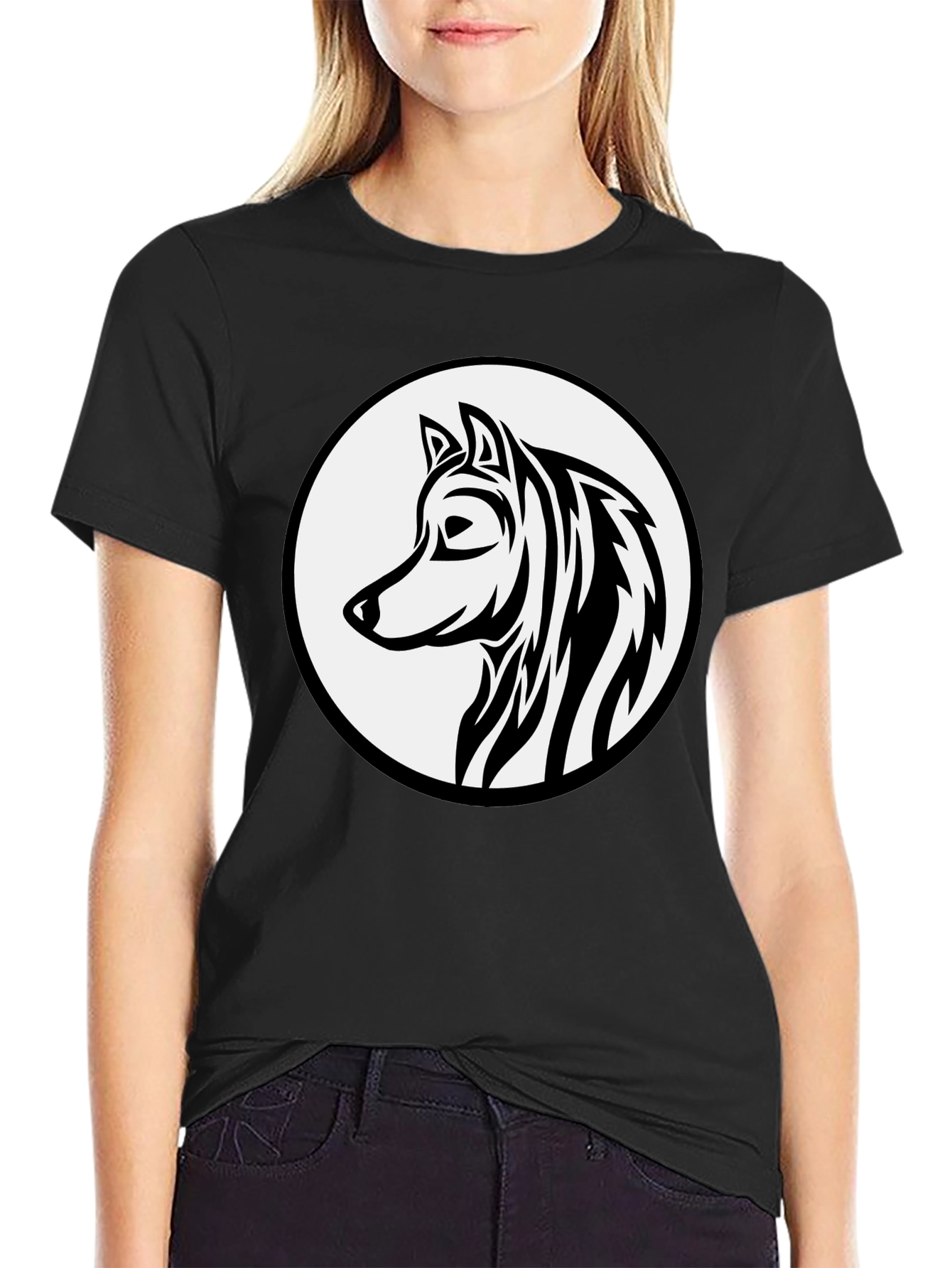 Black Black Wolf Graphic Tee - Tribal Style Circle Design view 2