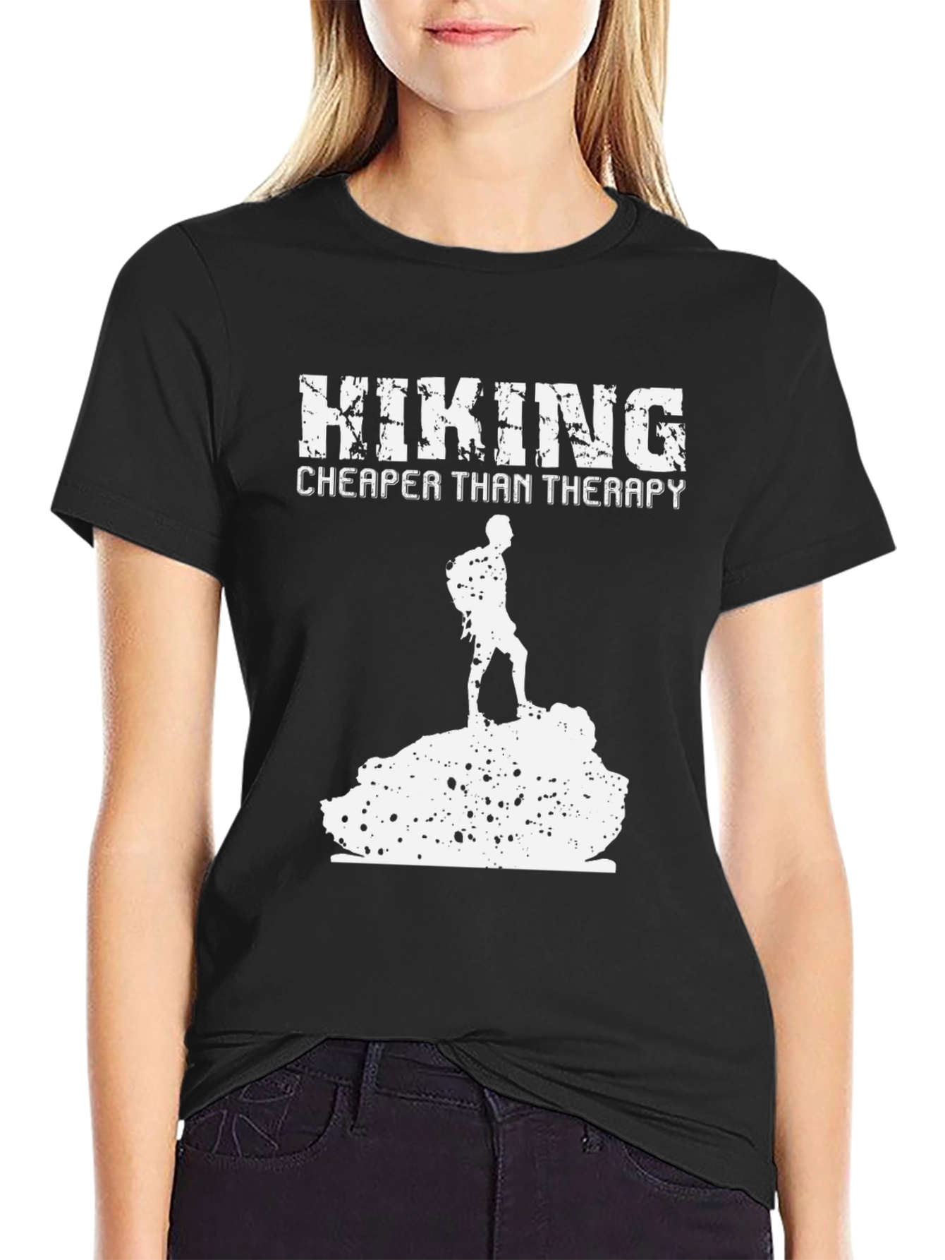Black Hiking Cheaper Than Therapy Black T-Shirt view 2