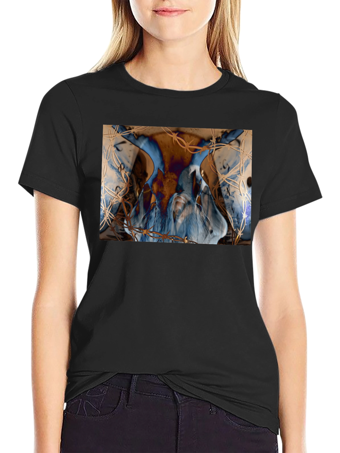 Black Artistic Blue & Brown Barbed Wire Graphic Tee view 2