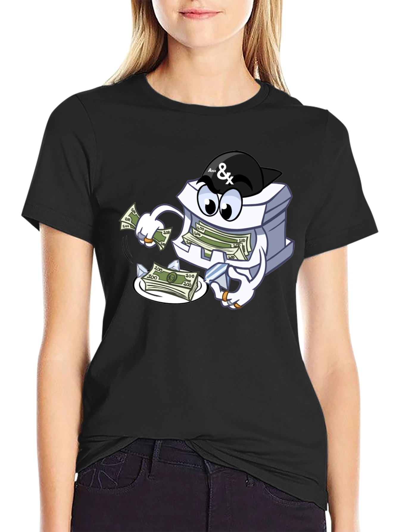 Black Money Stack Cartoon Graphic Black T-Shirt view 2