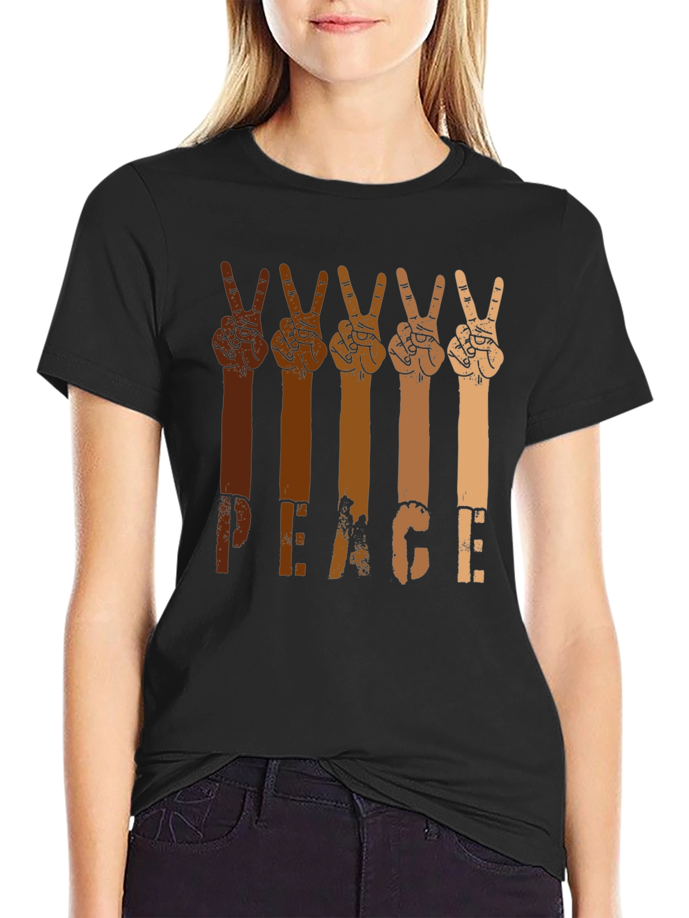 Black Peace Hands Graphic Tee - Multi-Skin Tone Unity Shirt view 2