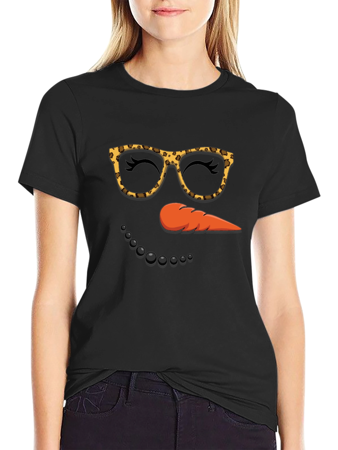 Black Snowman Face T-Shirt, Leopard Glasses view 2