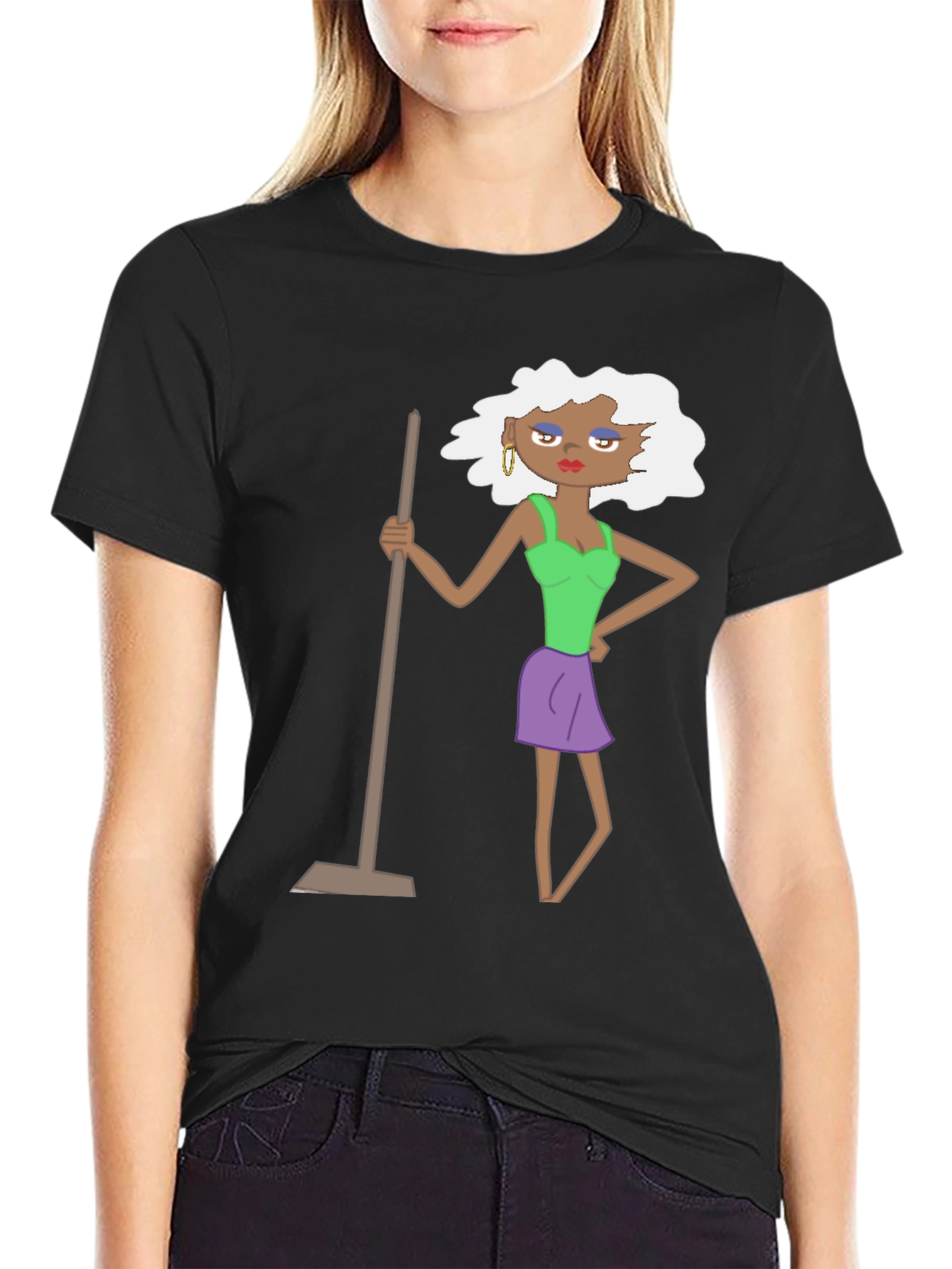 Black Funny Cartoon Woman on Black T-Shirt view 2