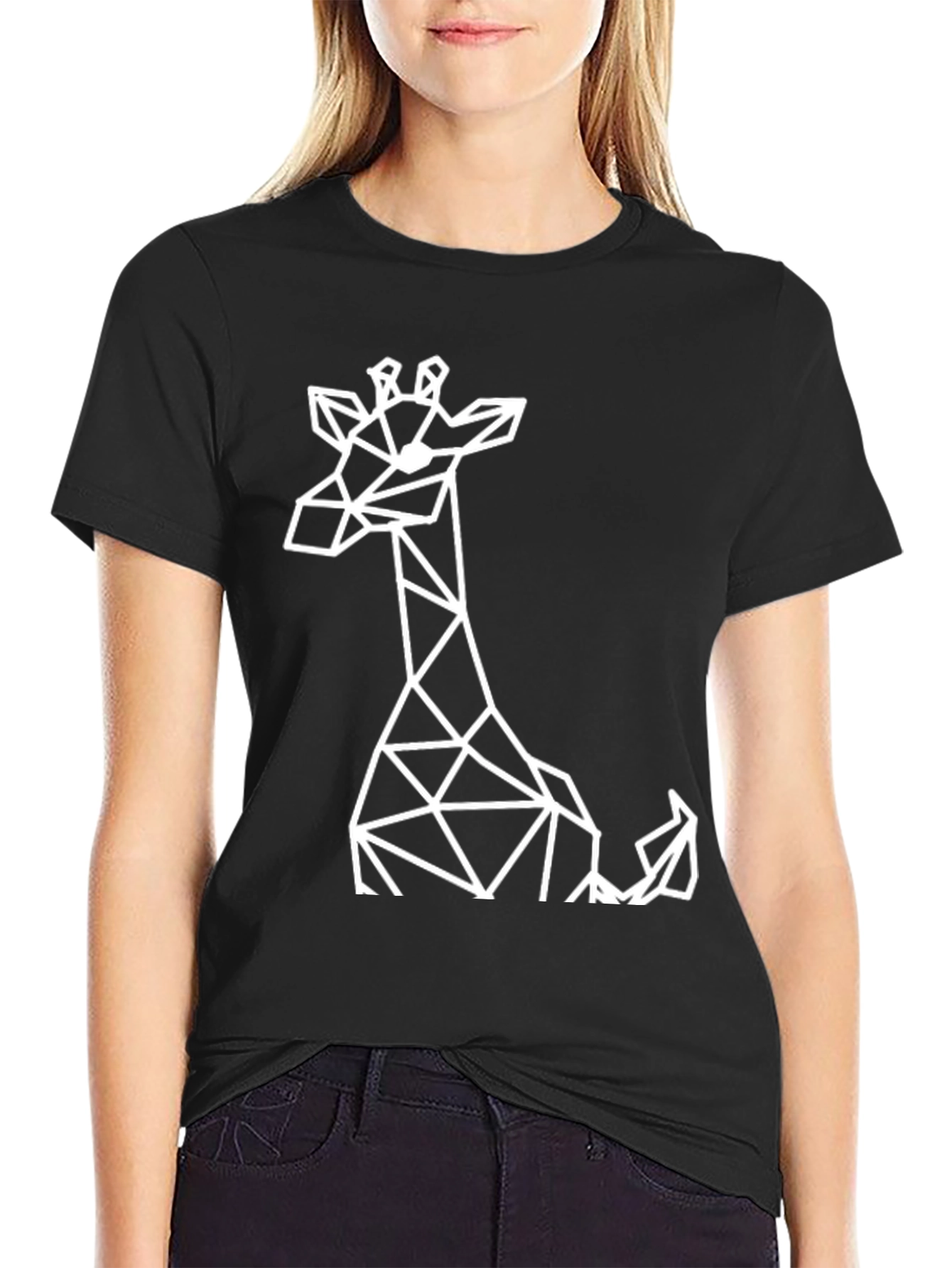 Black Geometric Giraffe Graphic Tee - Black Cotton T-Shirt view 2