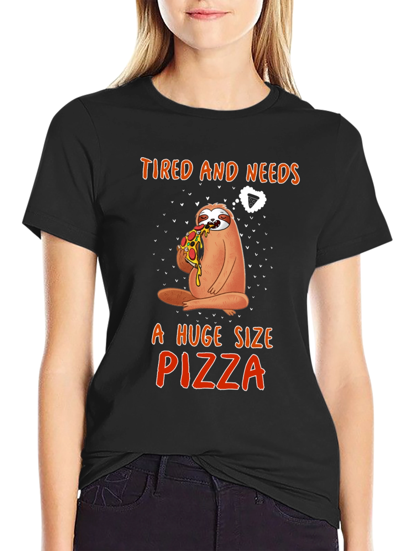 Black Sloth Pizza T-Shirt - Tired and Needs Pizza view 2
